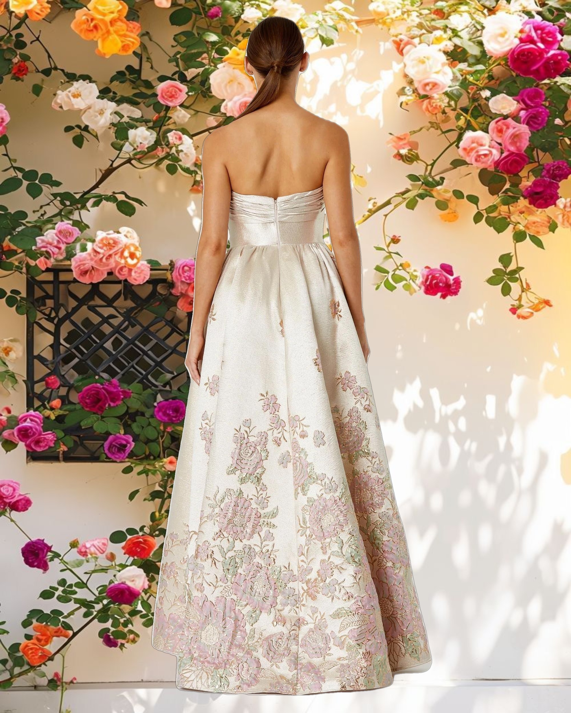 Elegant Strapless Floral Gown With Bow Detail