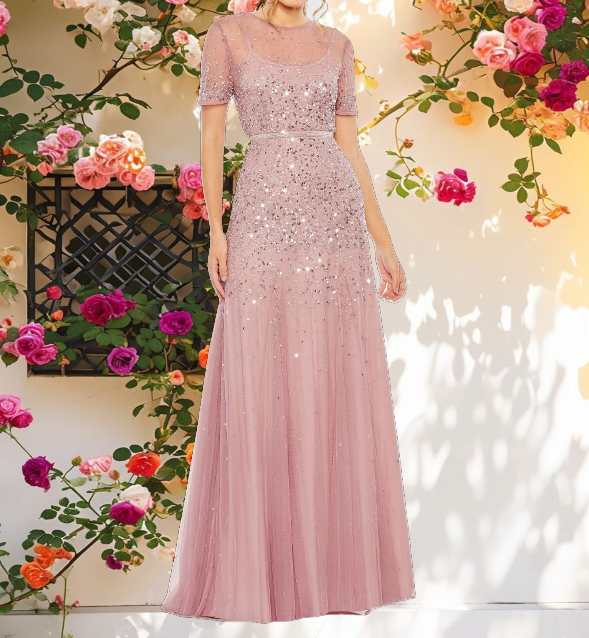 Pink High Neck Short Sleeve Sequin Embellished Gown