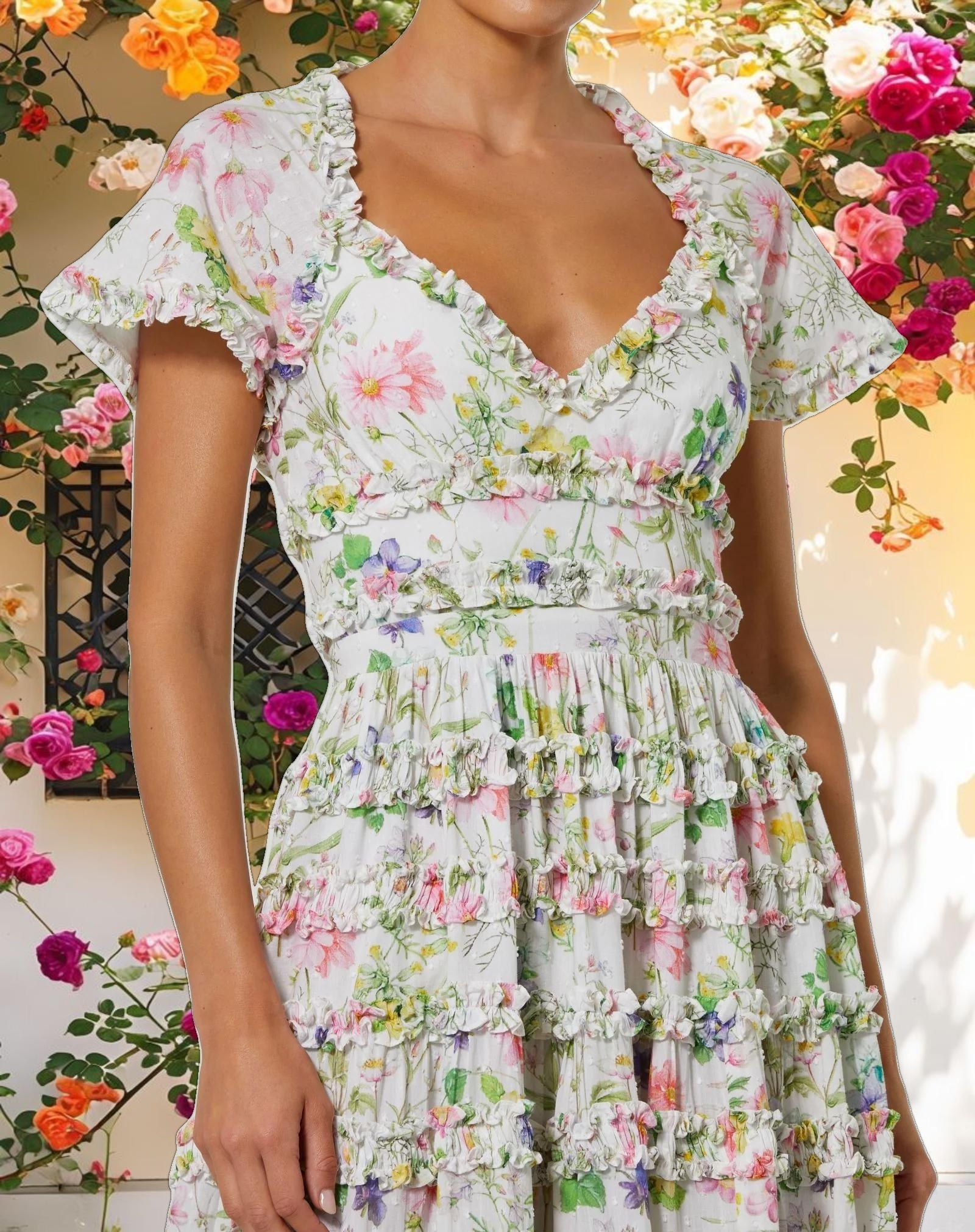 White Floral Ruffle Open Back Cotton Midi Dress