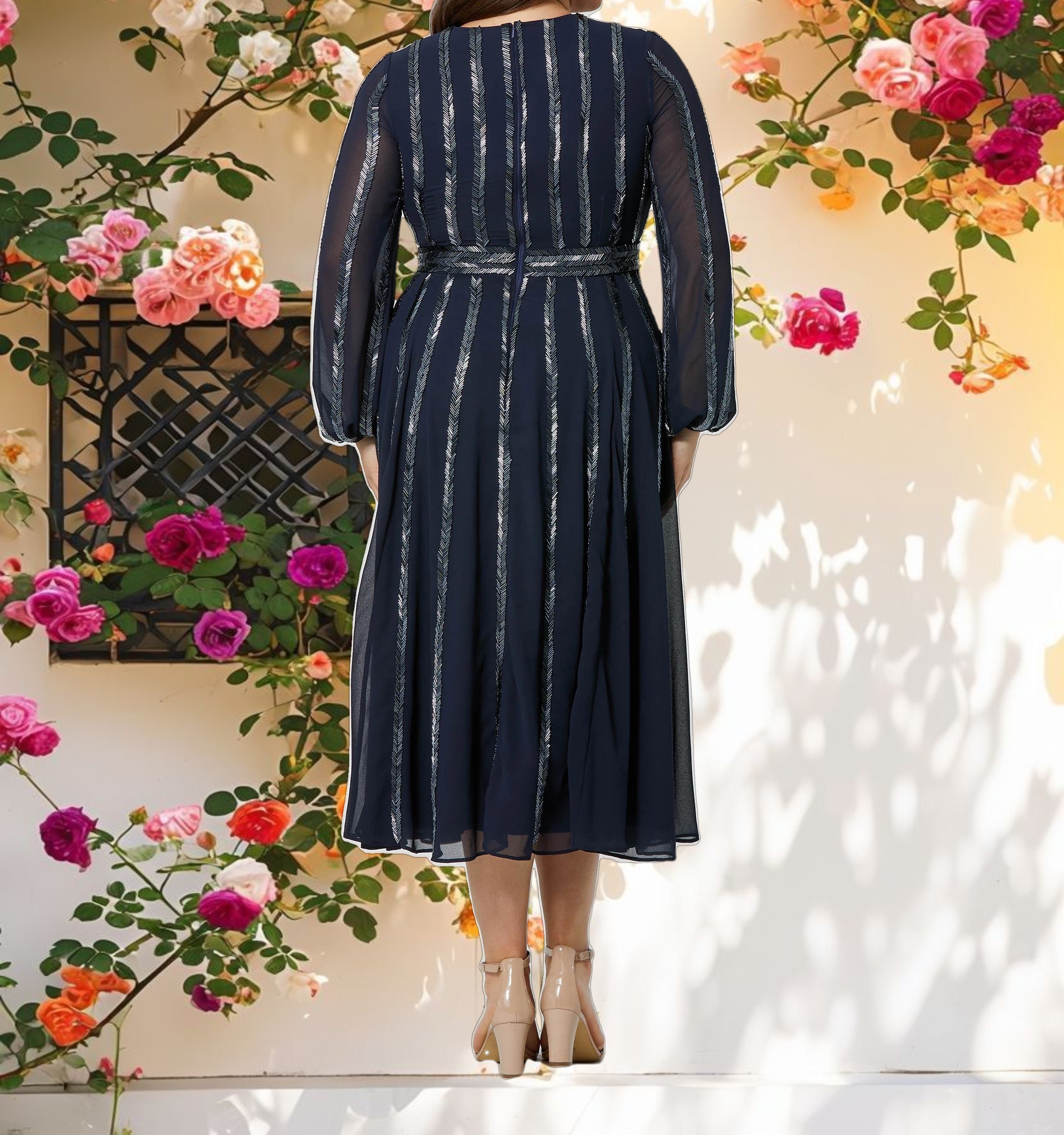 Blue Long Delicate Sleeve Sparkle Dress