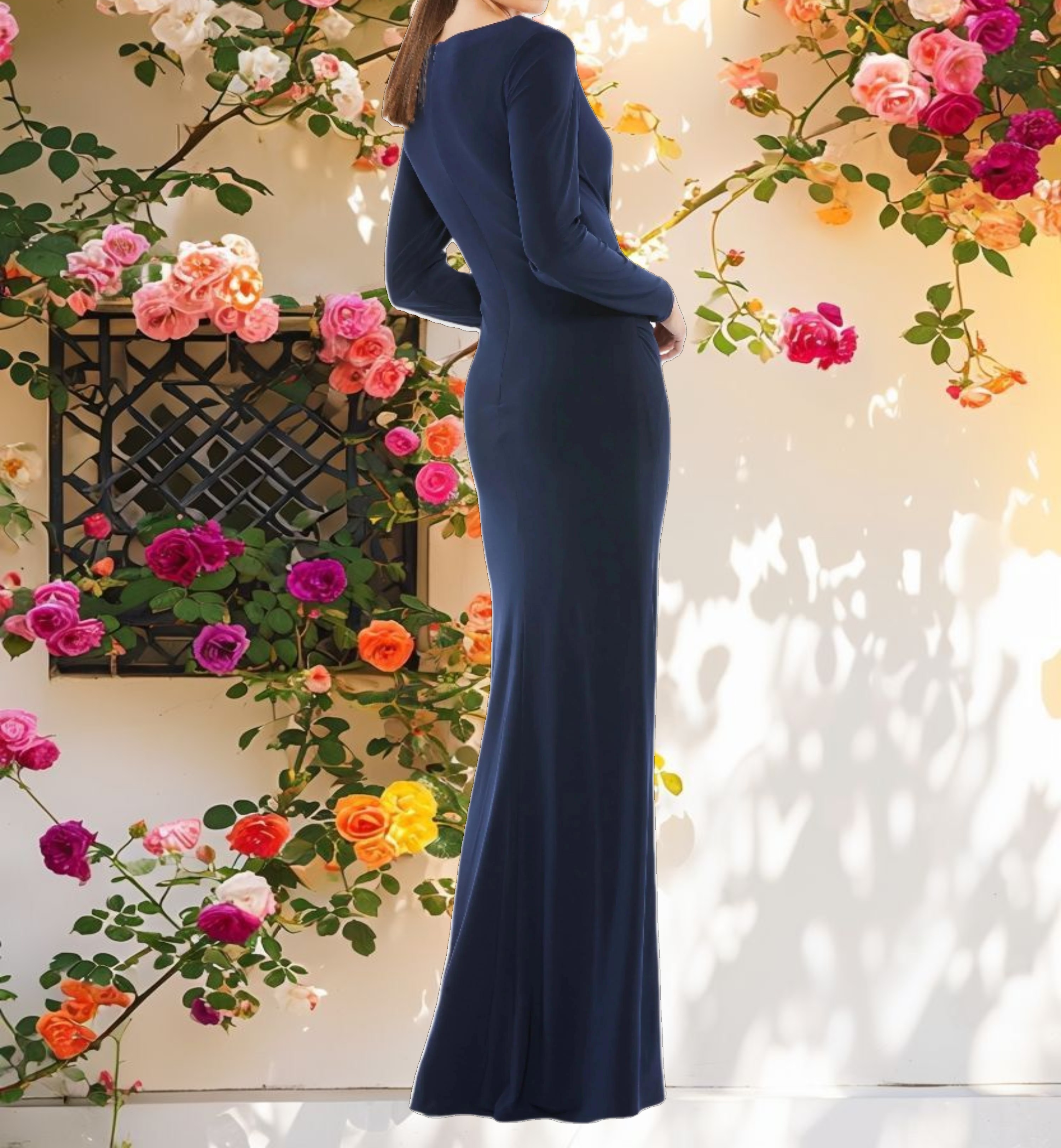 Blue Long Sleeve Pleated V Neck Dress