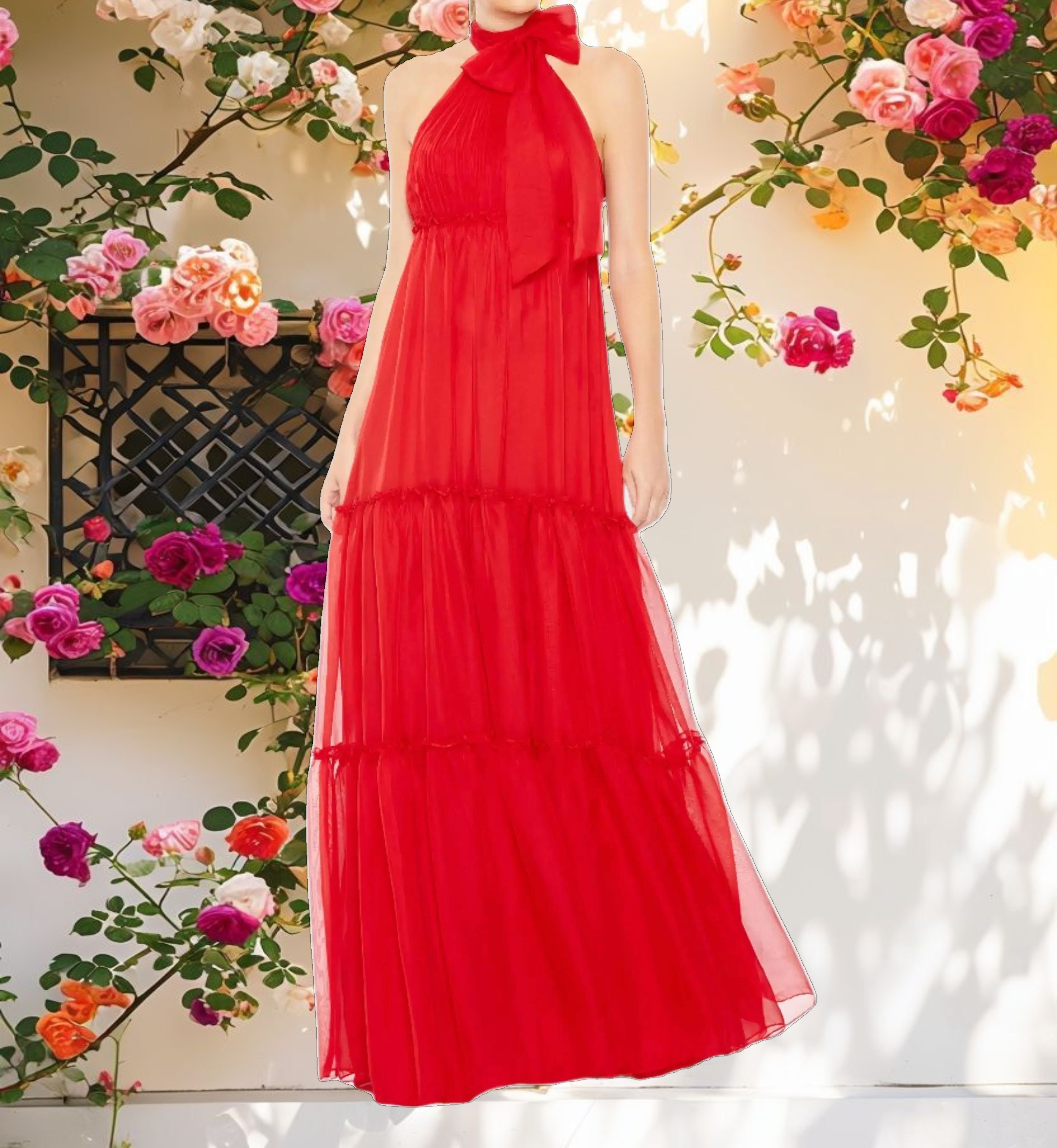 Red Ruched Tiered High Neck Bow A Line Gown