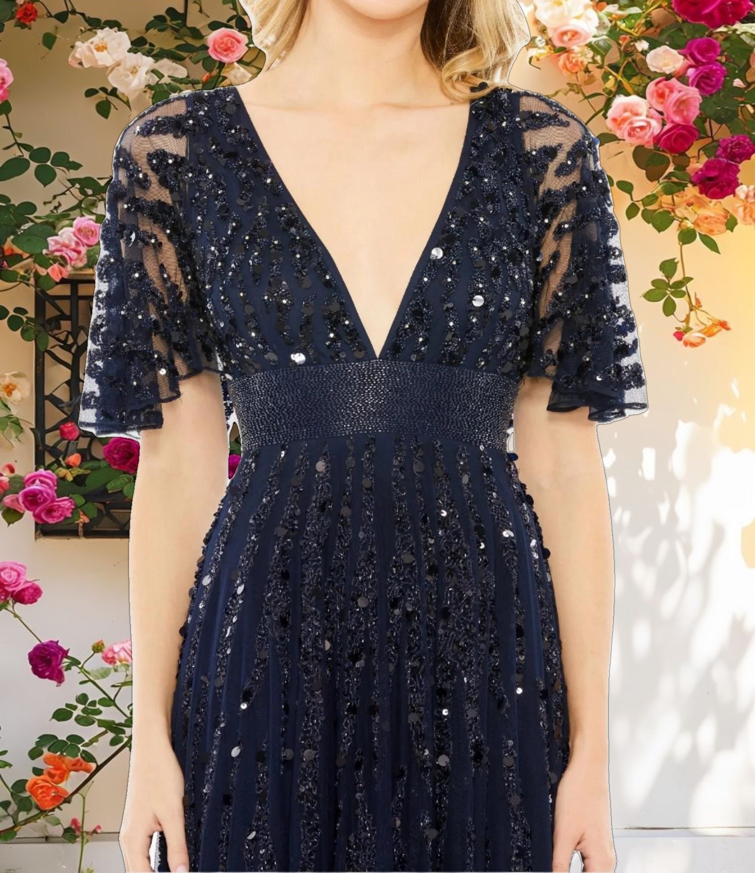 Embellished V neck Empire Waist Gown