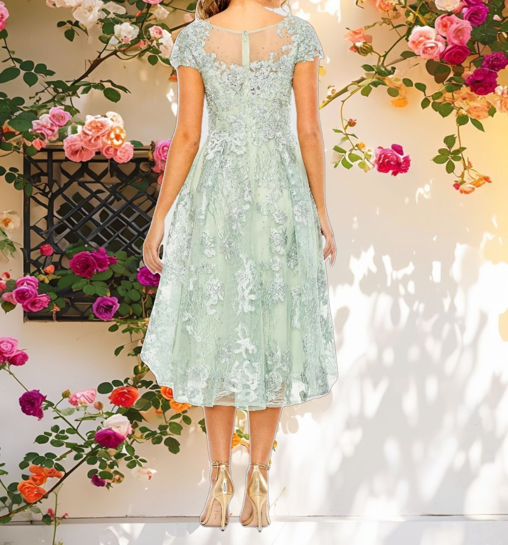Green Embroidered Cap Sleeve A Line Dress