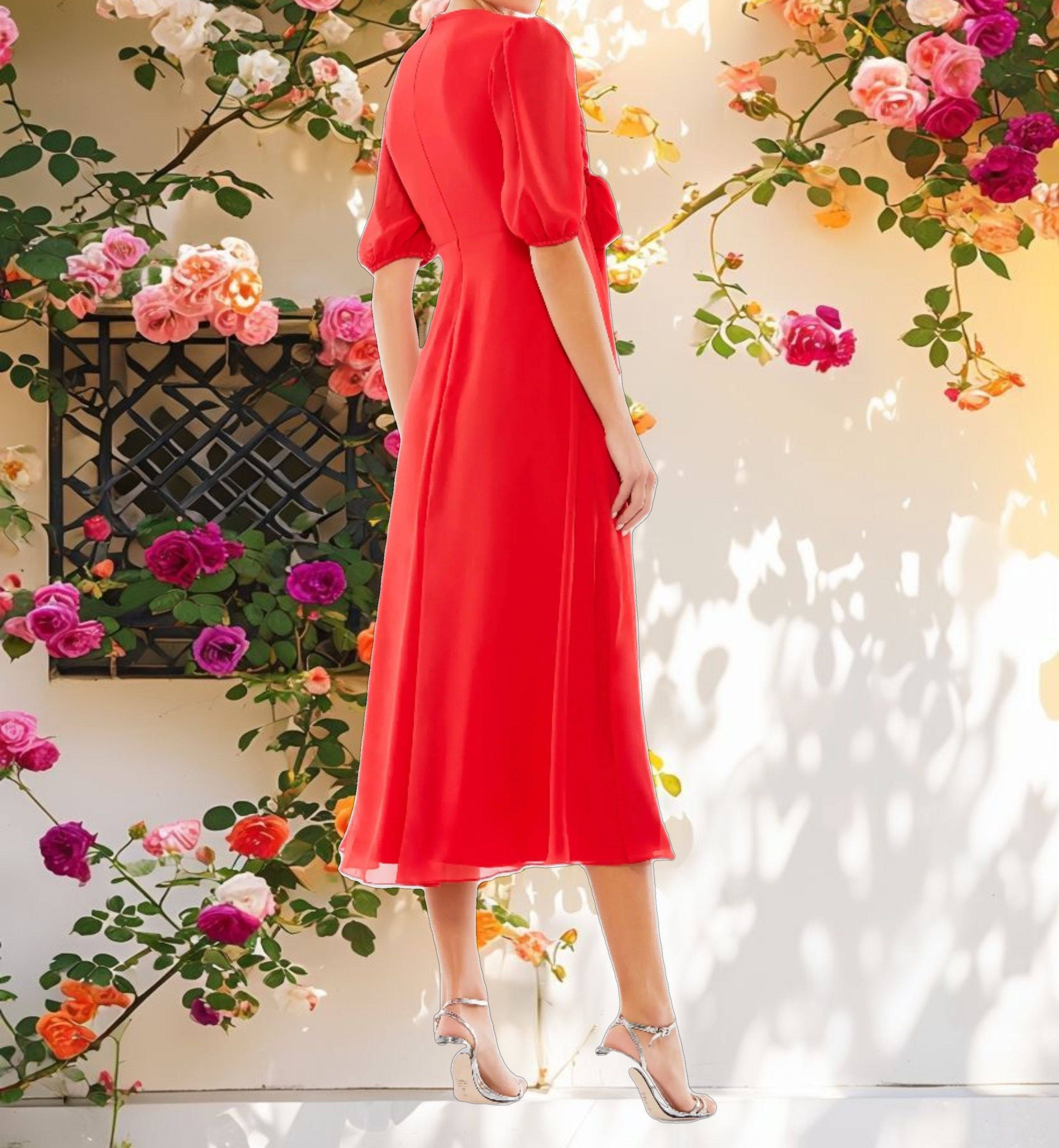 V Neck Bow Detail Flowy Midi Dress