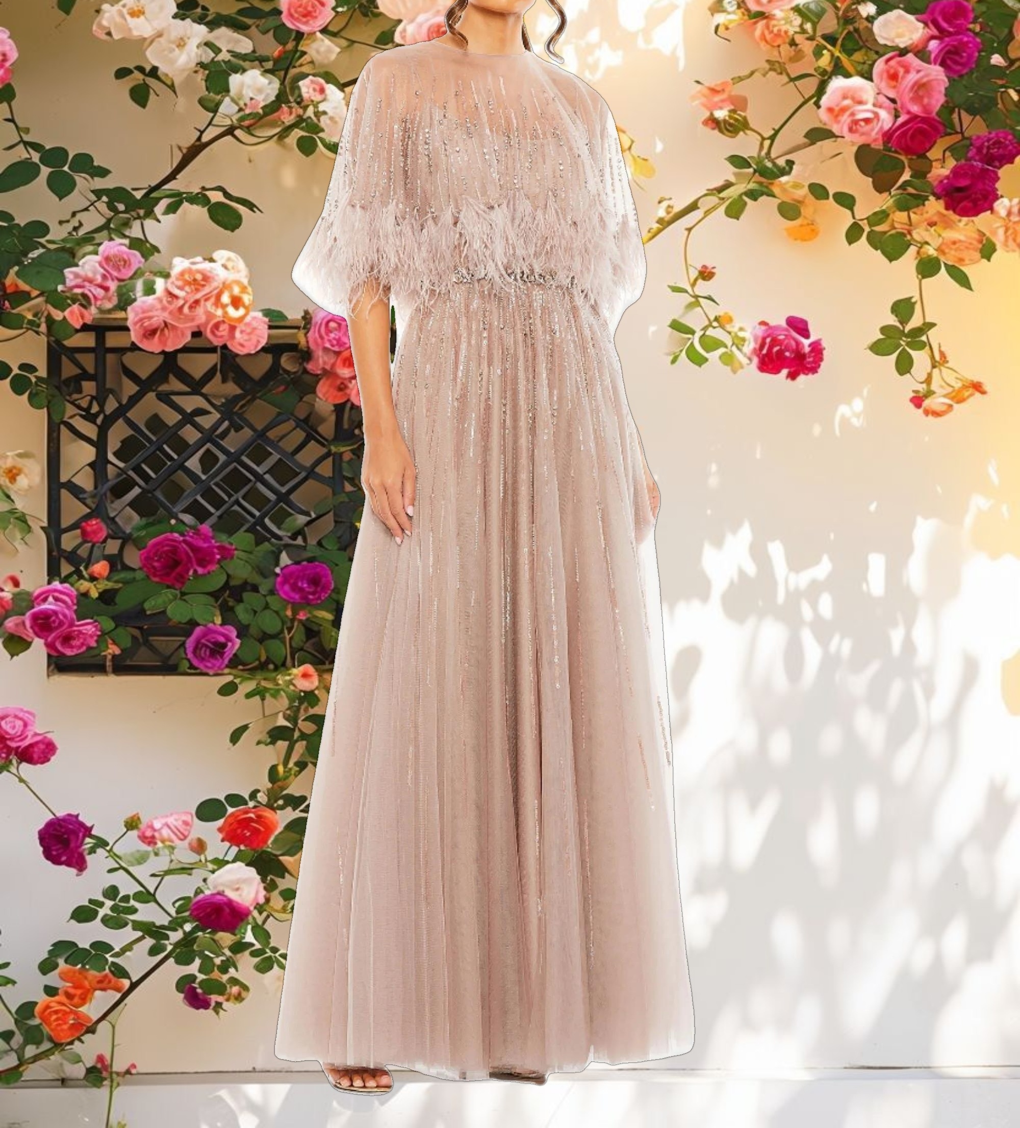 Beige Embellished A Line Dress with Feather Detail Cape