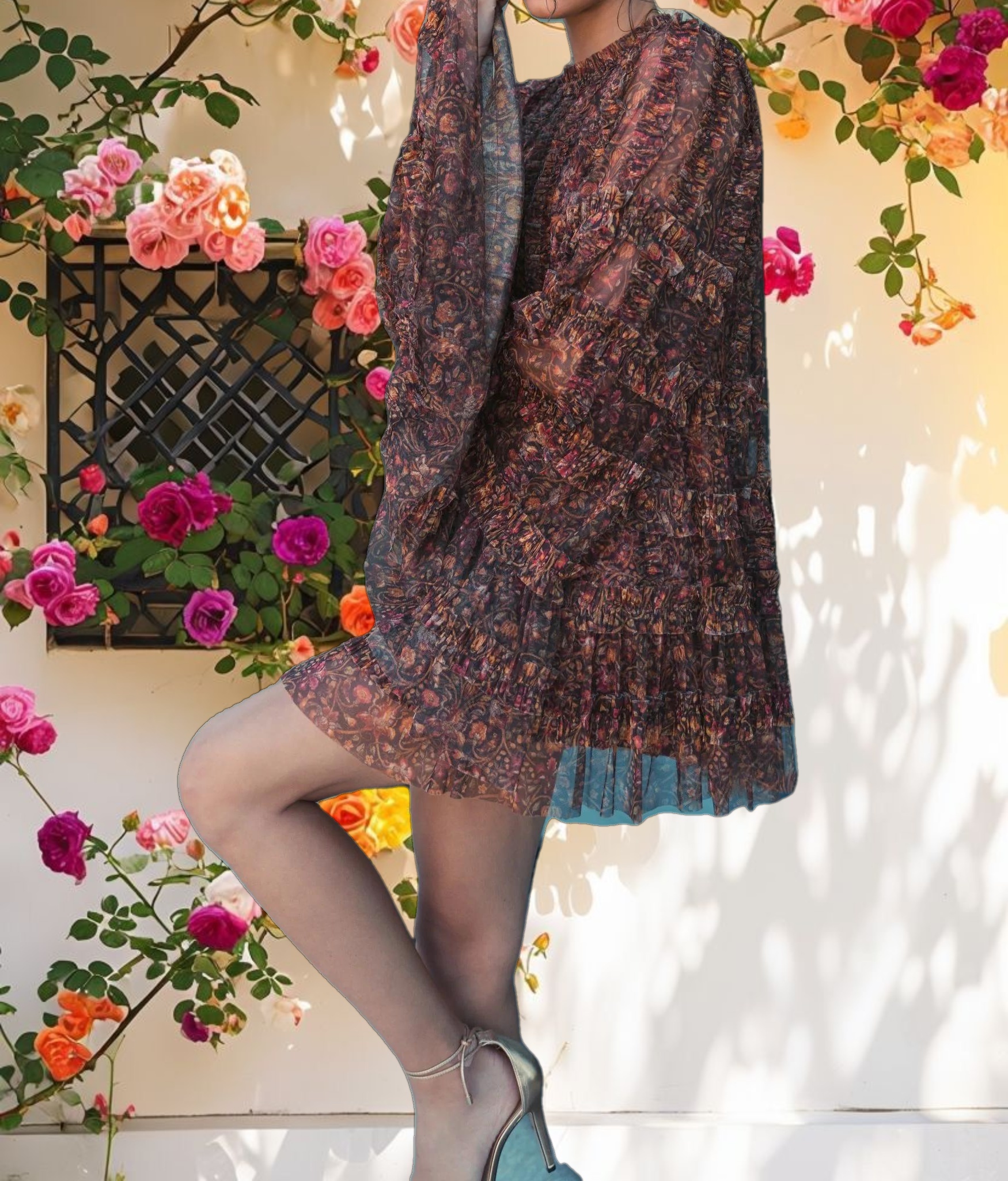 Floral Print Long Flare Sleeve Mesh A Line Dress