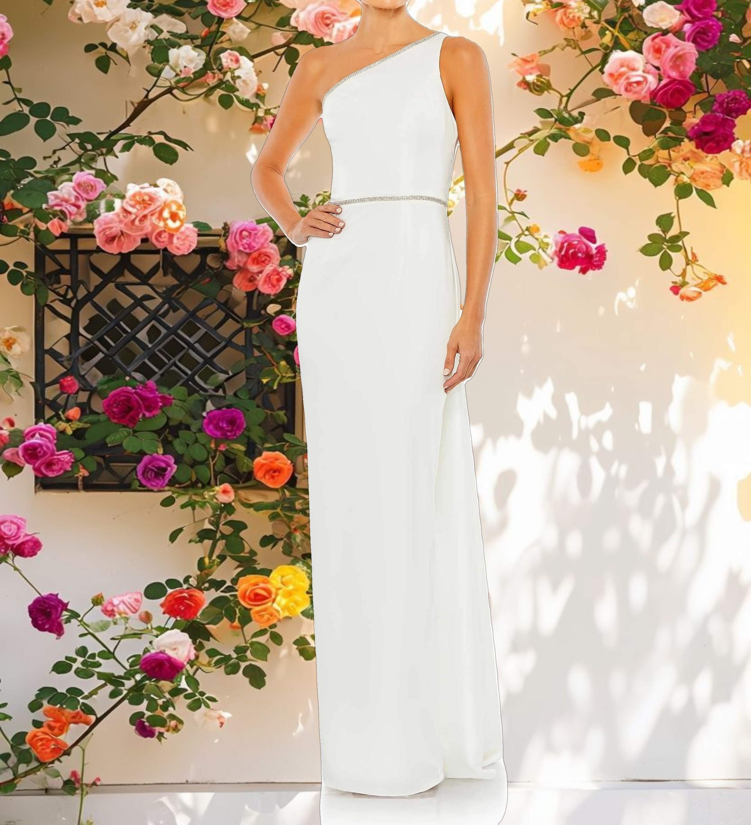 Rhinestone Trim One Shoulder Strappy Trumpet Gown