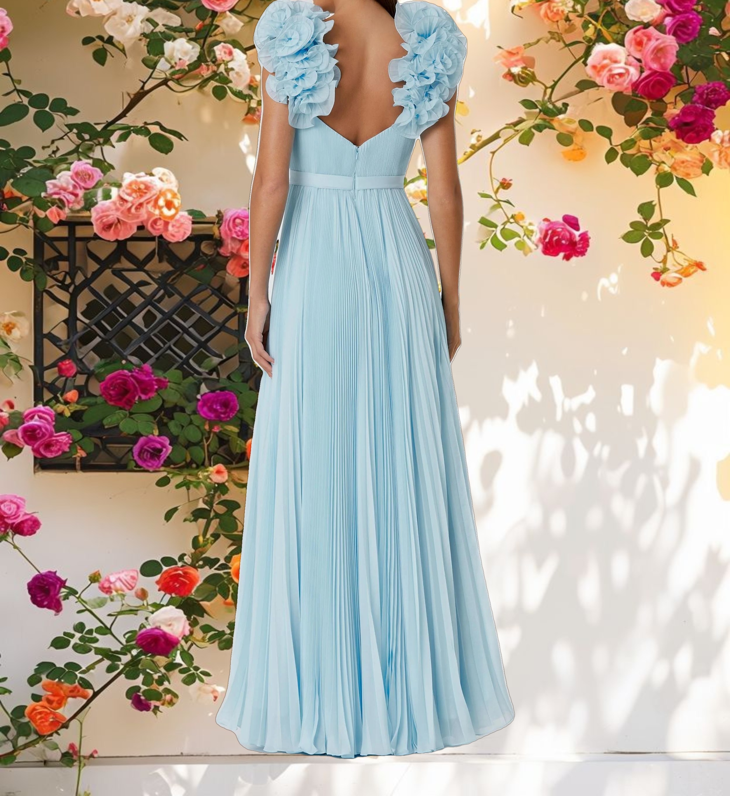 Blue Pleated Organza Gown With Ruffle Straps