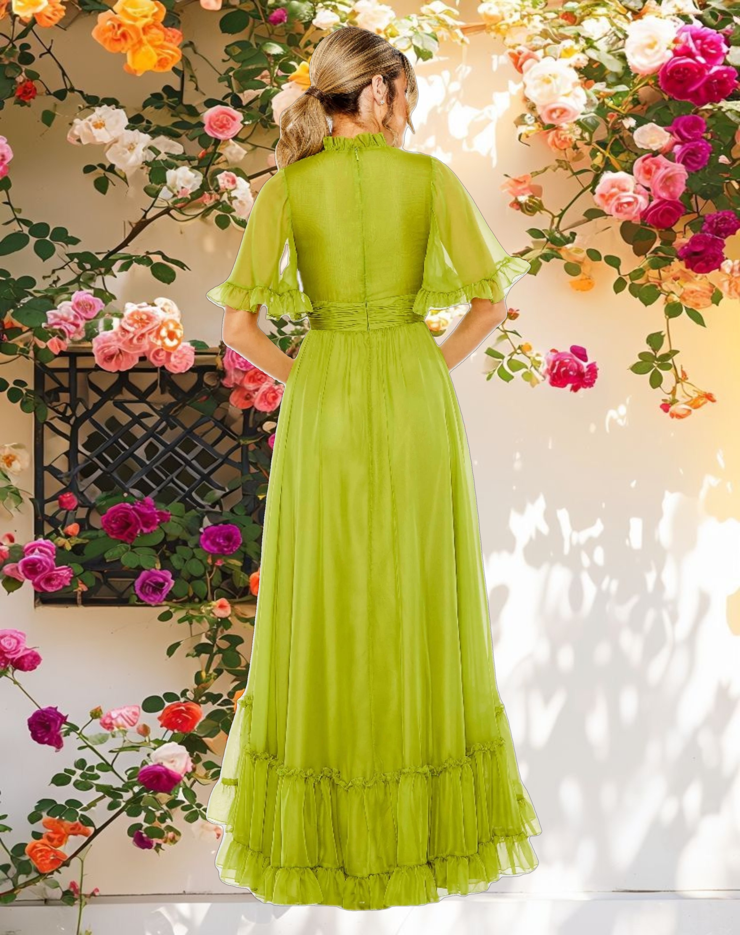 Green Ruffled Mock Neck Flutter Sleeve High Low Hem Gown