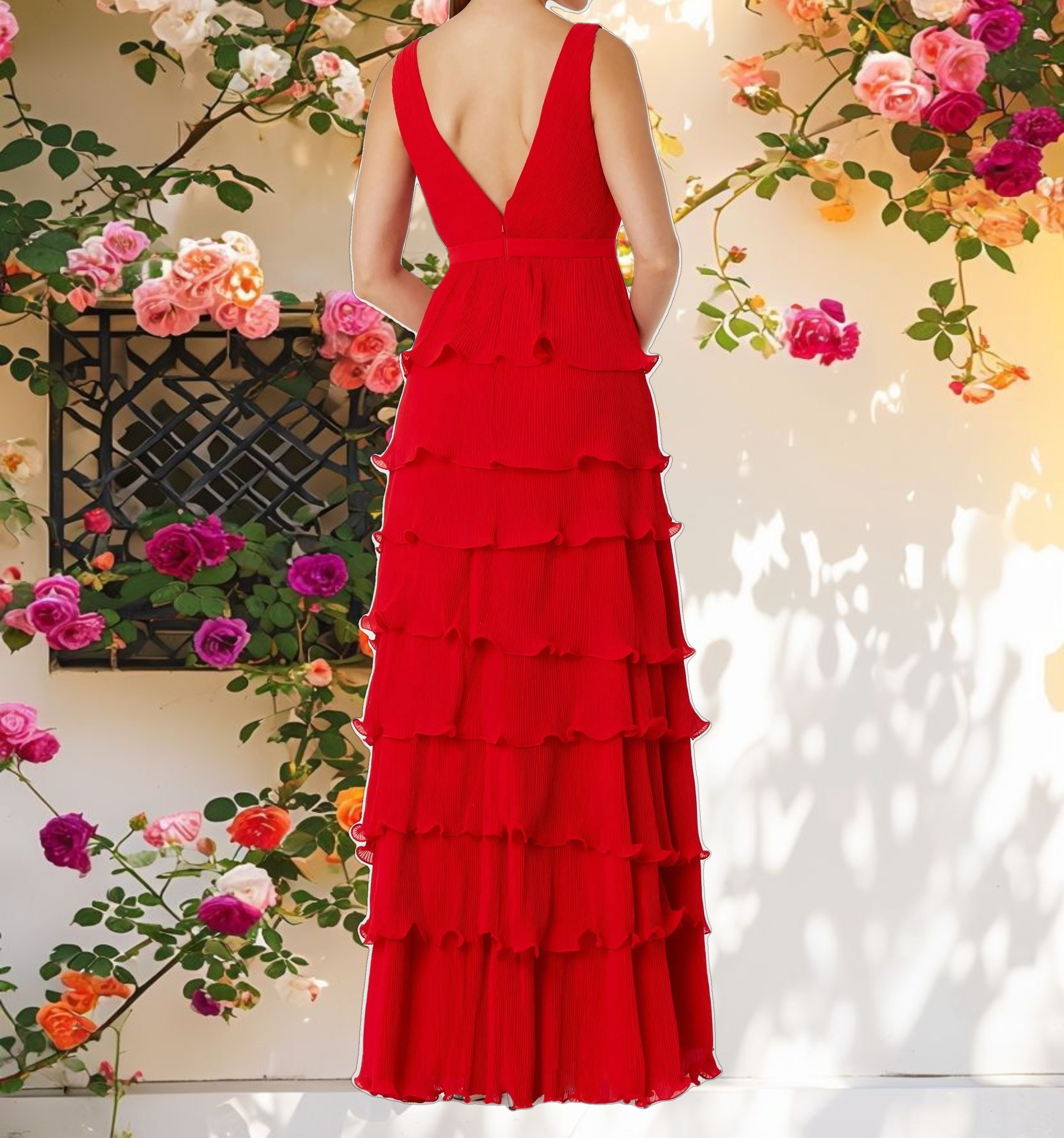 Red V Neck Ruffle Tiered Dress