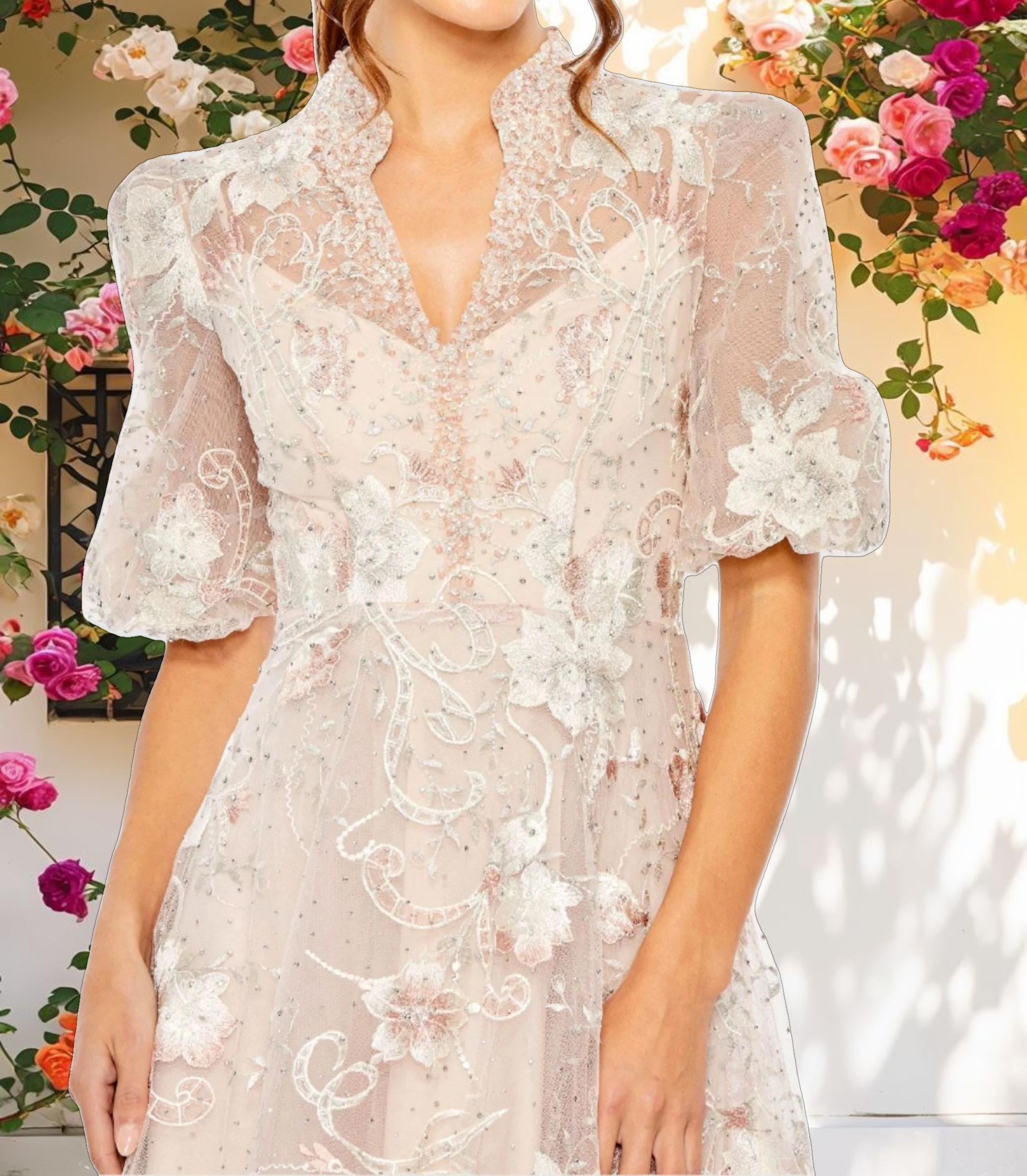 Pink Queen Anne Puff Sleeve A Line Evening Gown