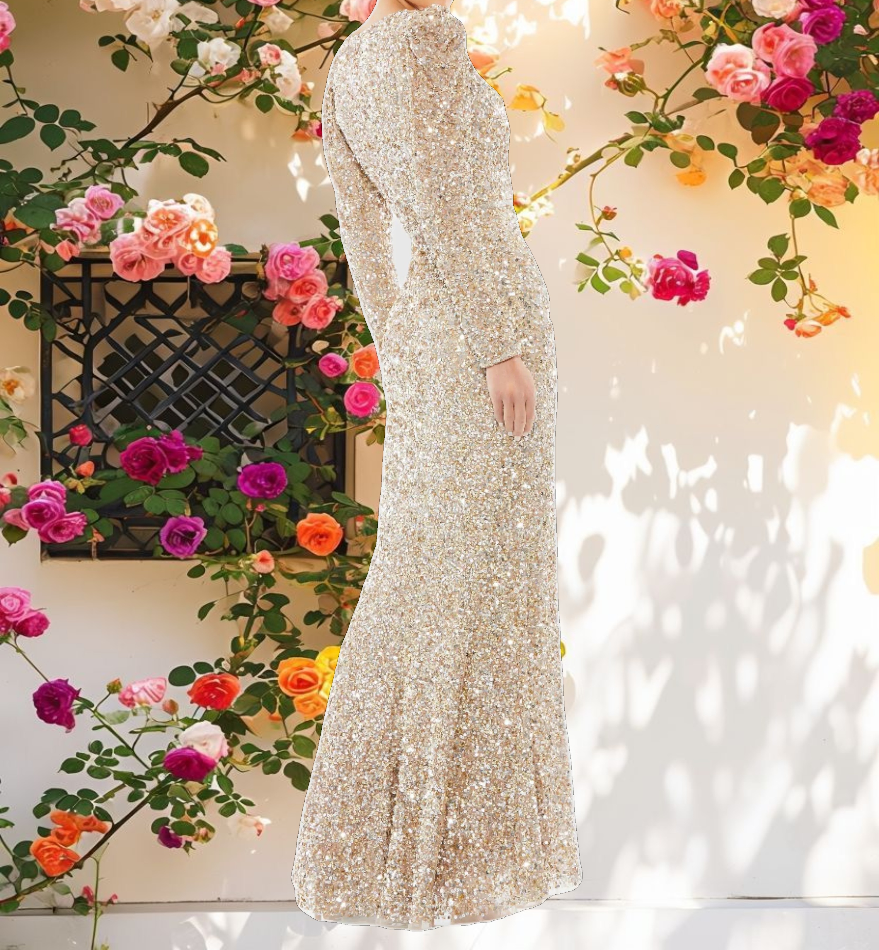 Gold Puff Shoulder Sequined Surplice Gown