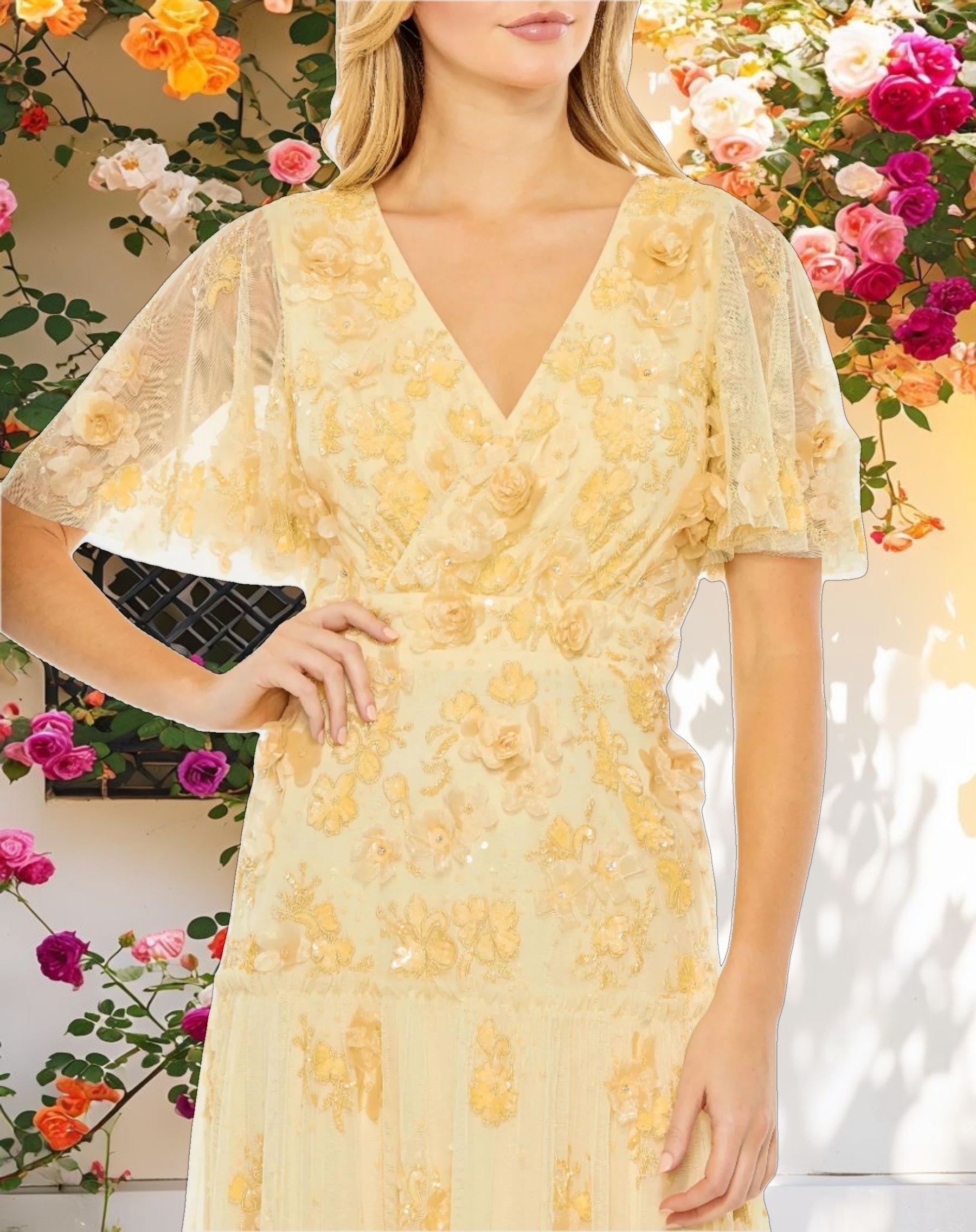 Yellow Floral Embellished Flutter Sleeve Tiered Dress