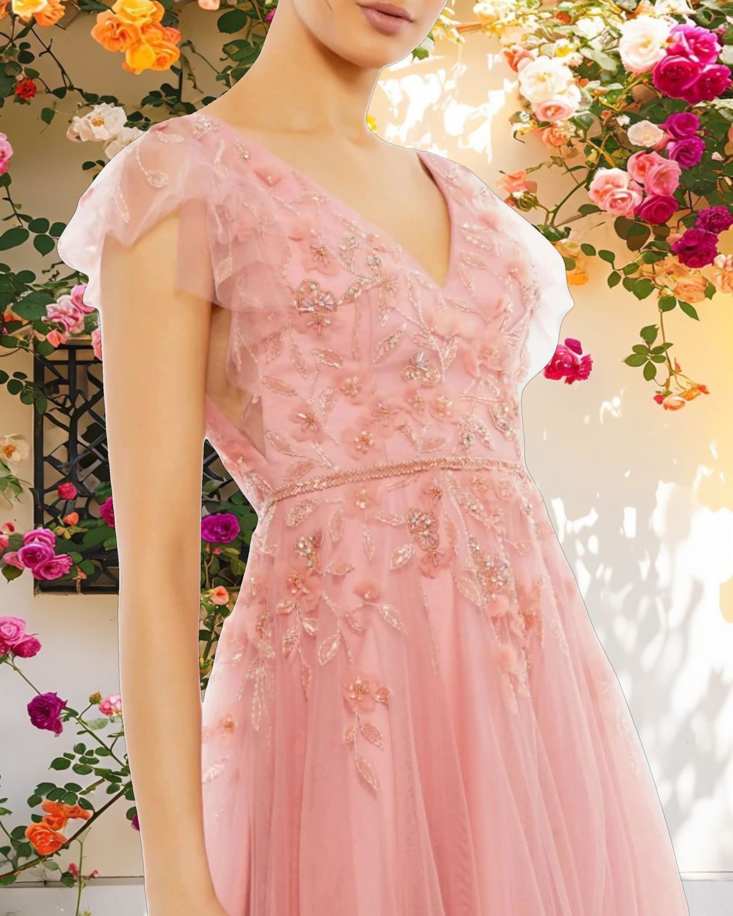 Pink Decorated Cap Sleeve V Neck Dress