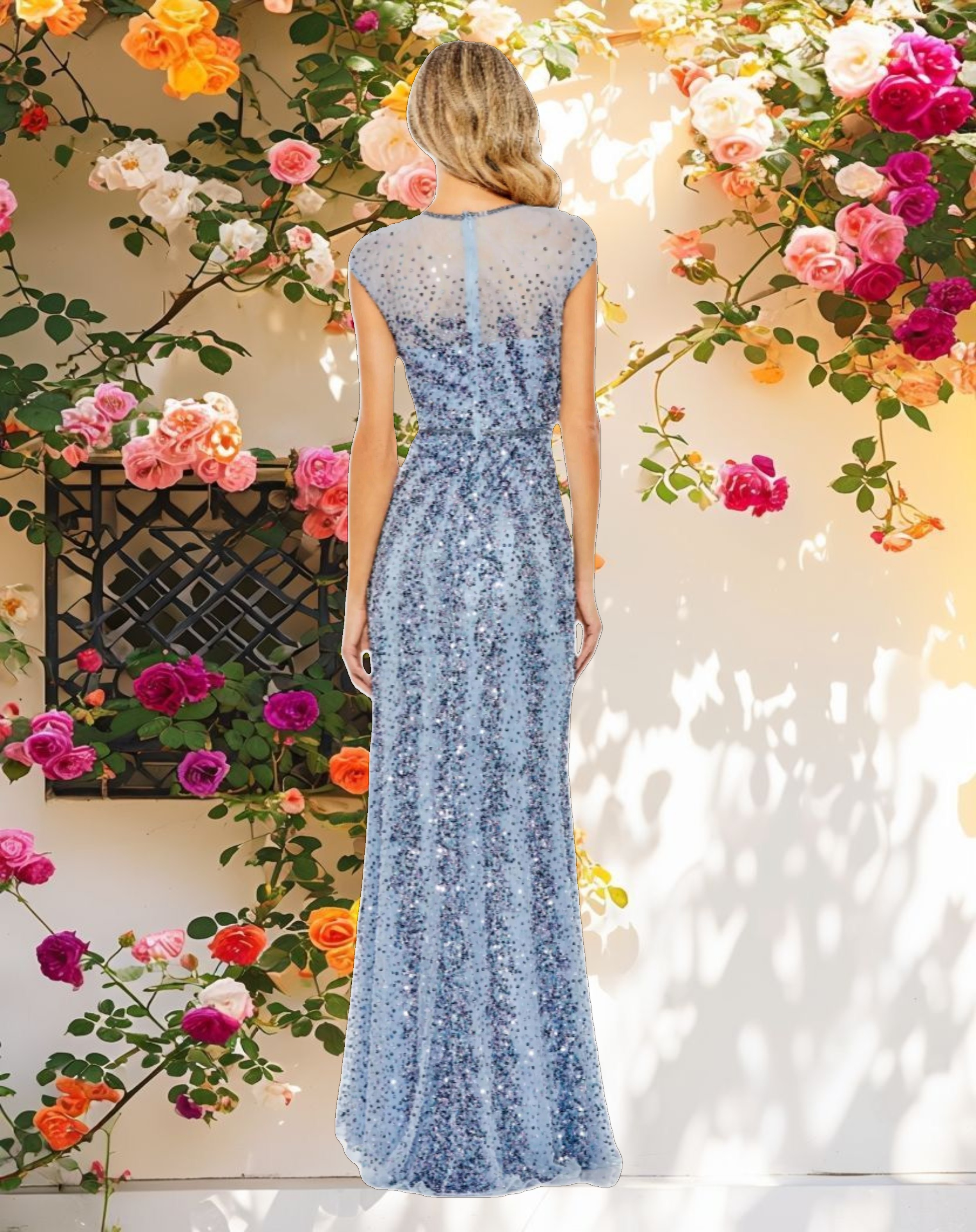 Studded Illusion High Neck Sleeve Gown