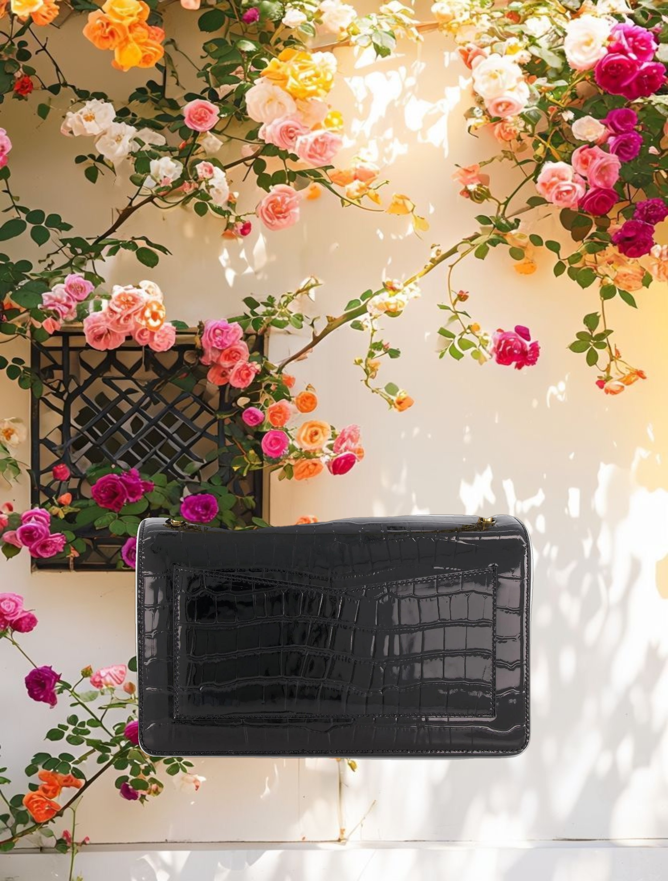 Black Crocodile Leather Shoulder Bag With Gold Hardware