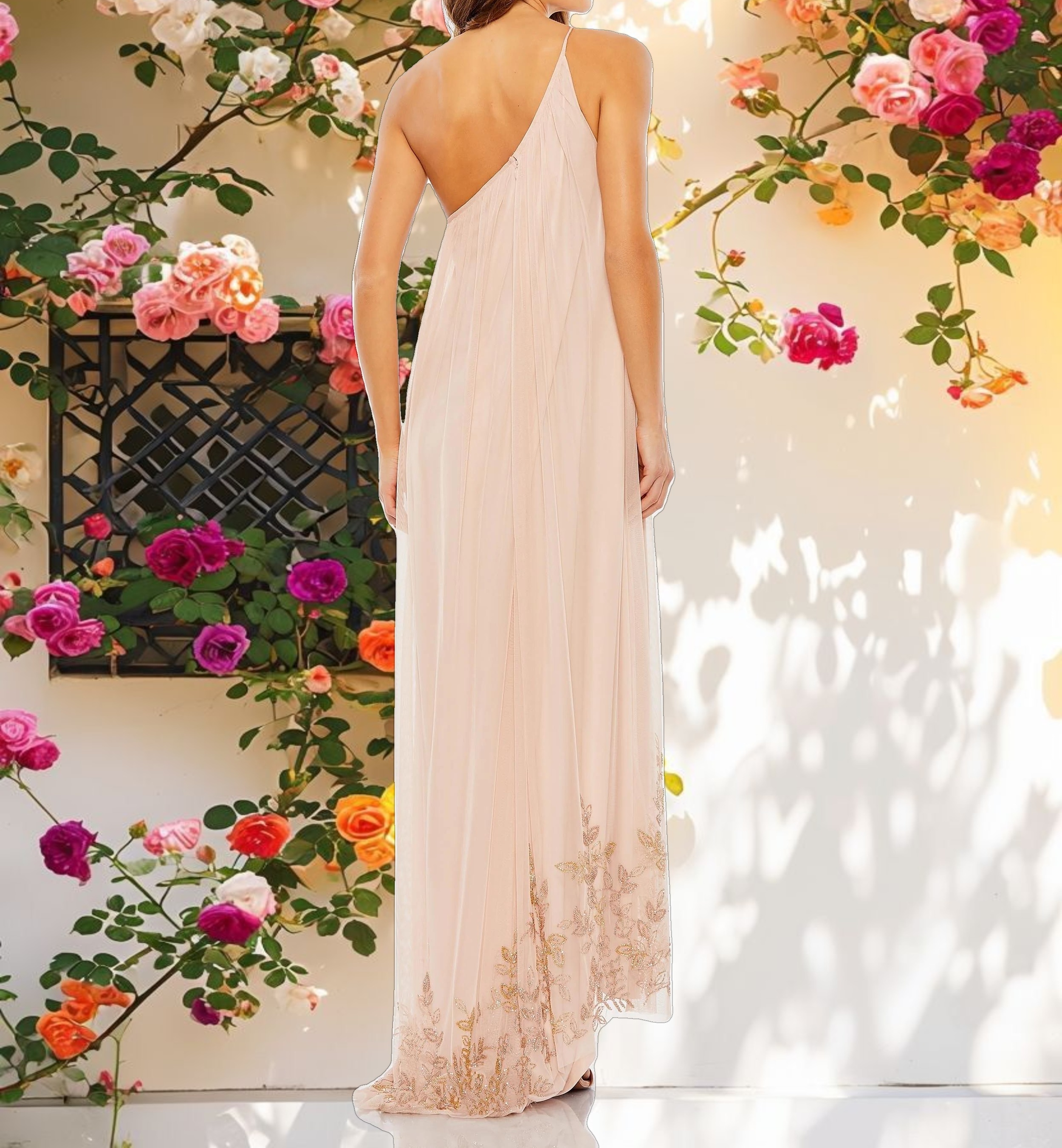 Flowy One Shoulder Beaded Evening Dress