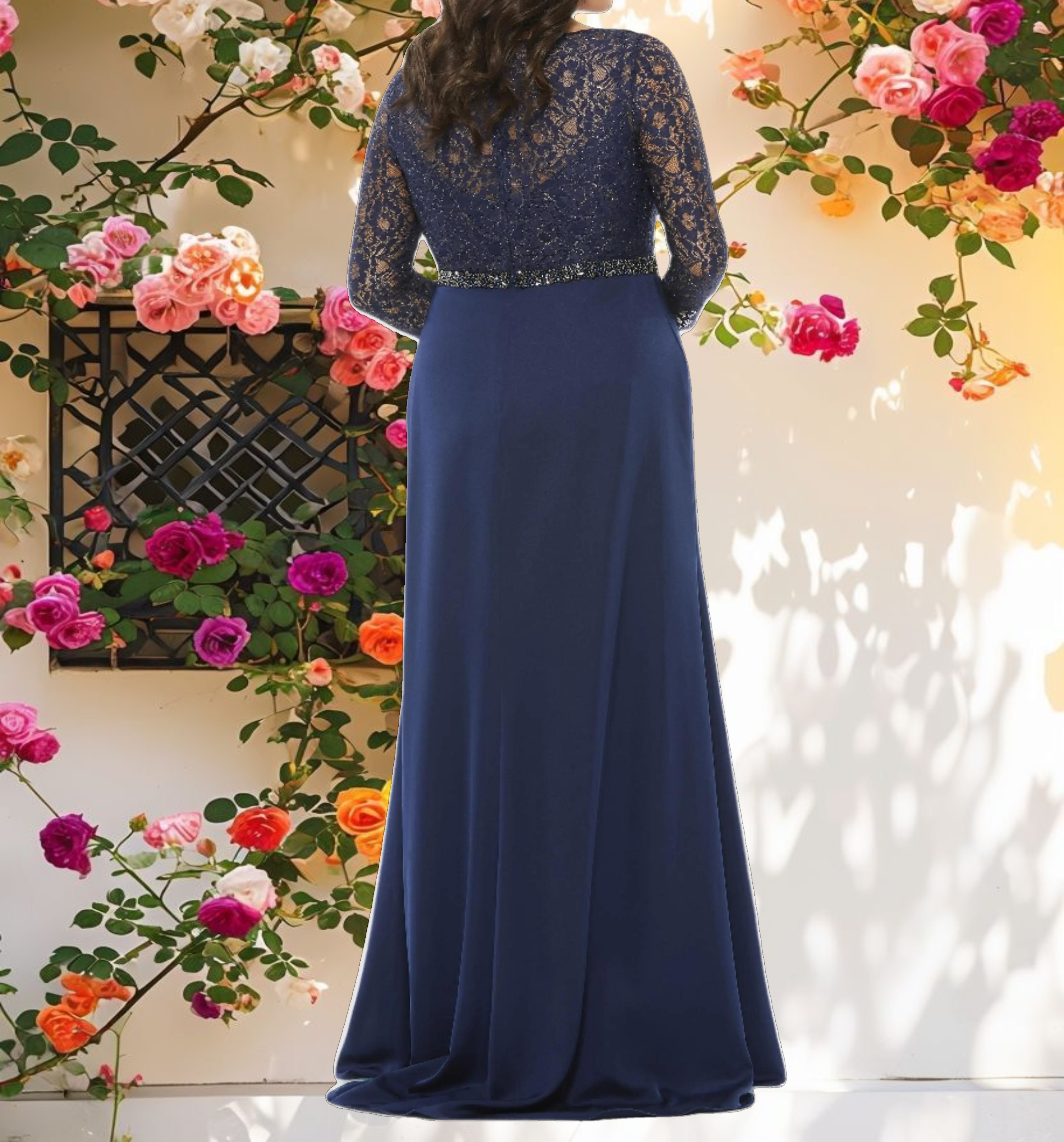 Silk Draped Long Sleeve V Neck Gown (Plus)