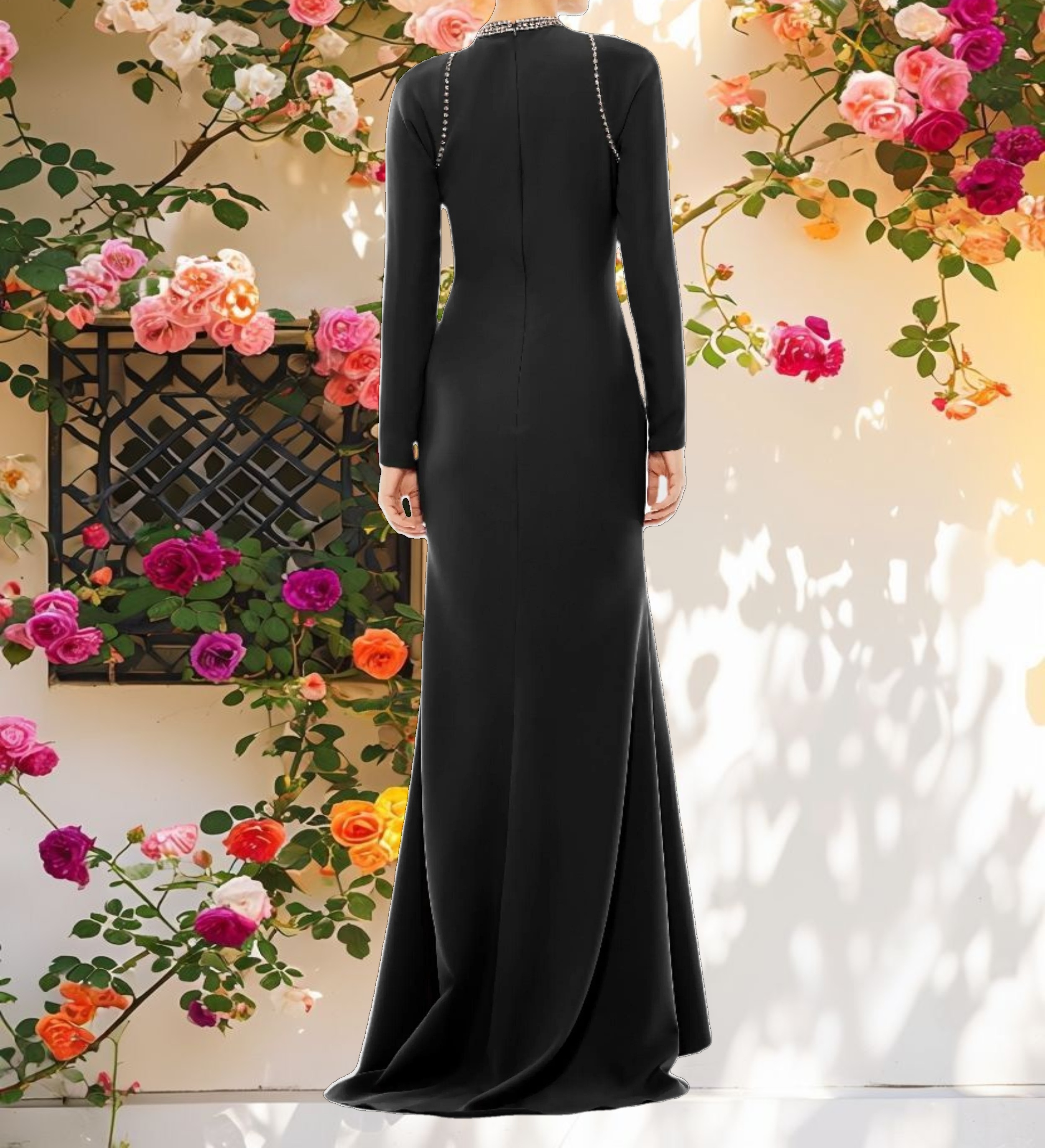 Black Raglan Long Sleeve High Neck Gown
