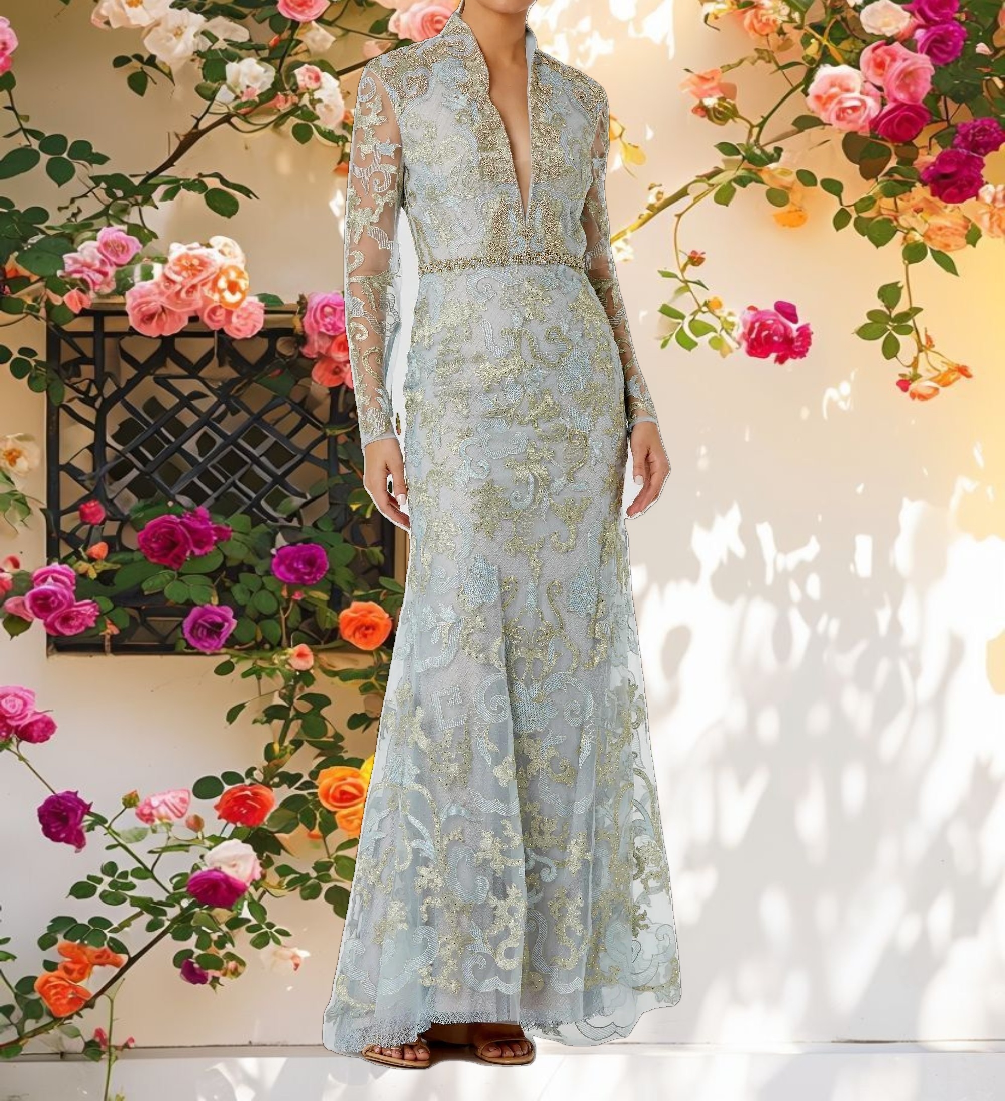 Blue Queen Anne Lace Long Sleeve V Neck Trumpet Gown