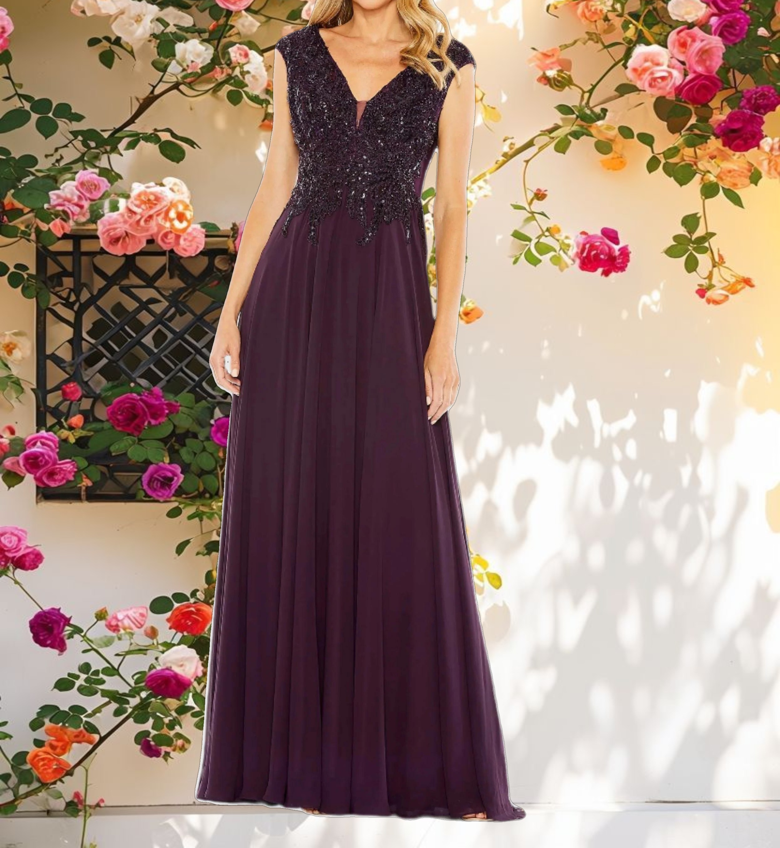 Purple Applique Cap Sleeve Bodice Flowy Gown