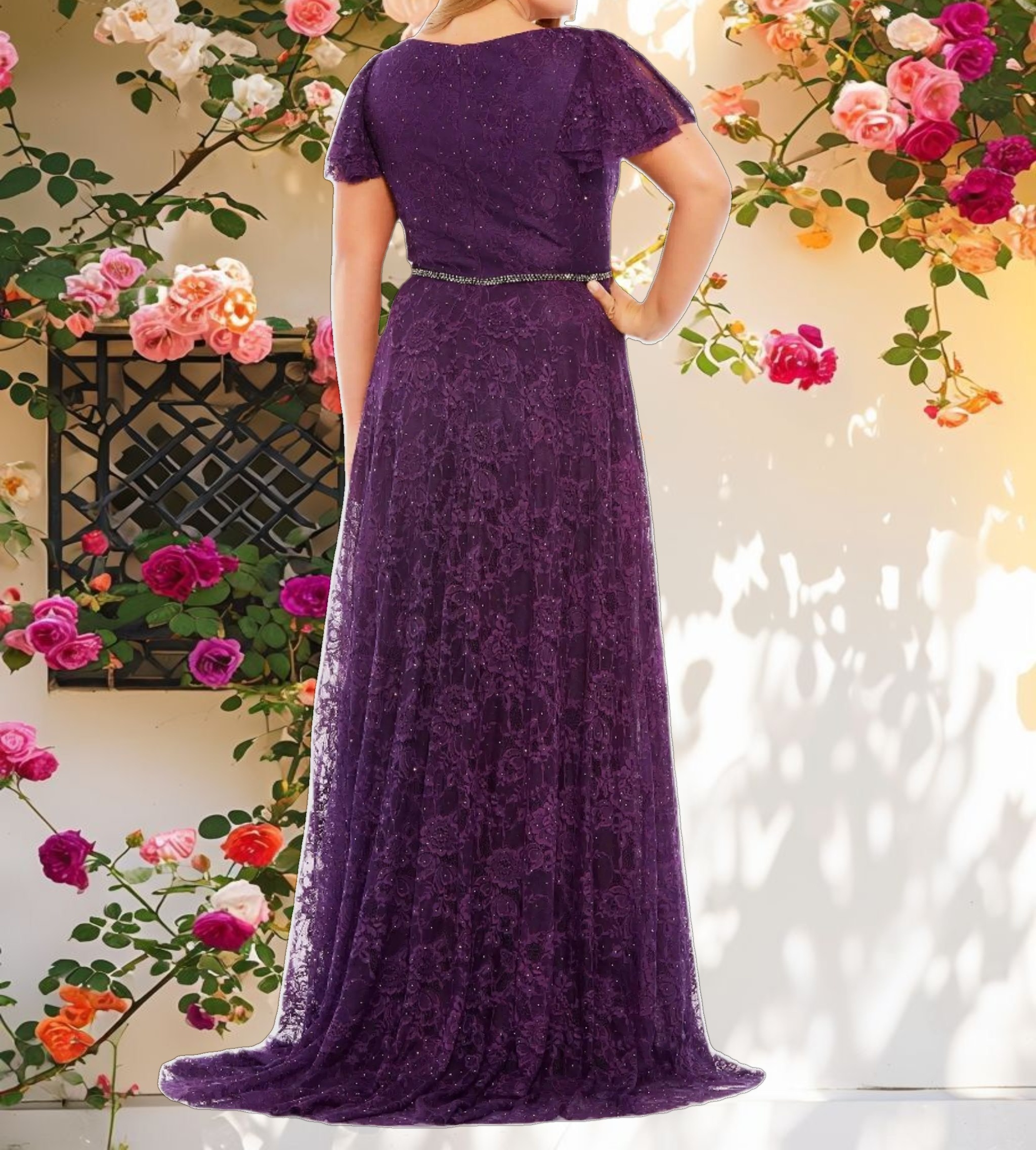 Embellished Flutter Sleeve Evening Gown