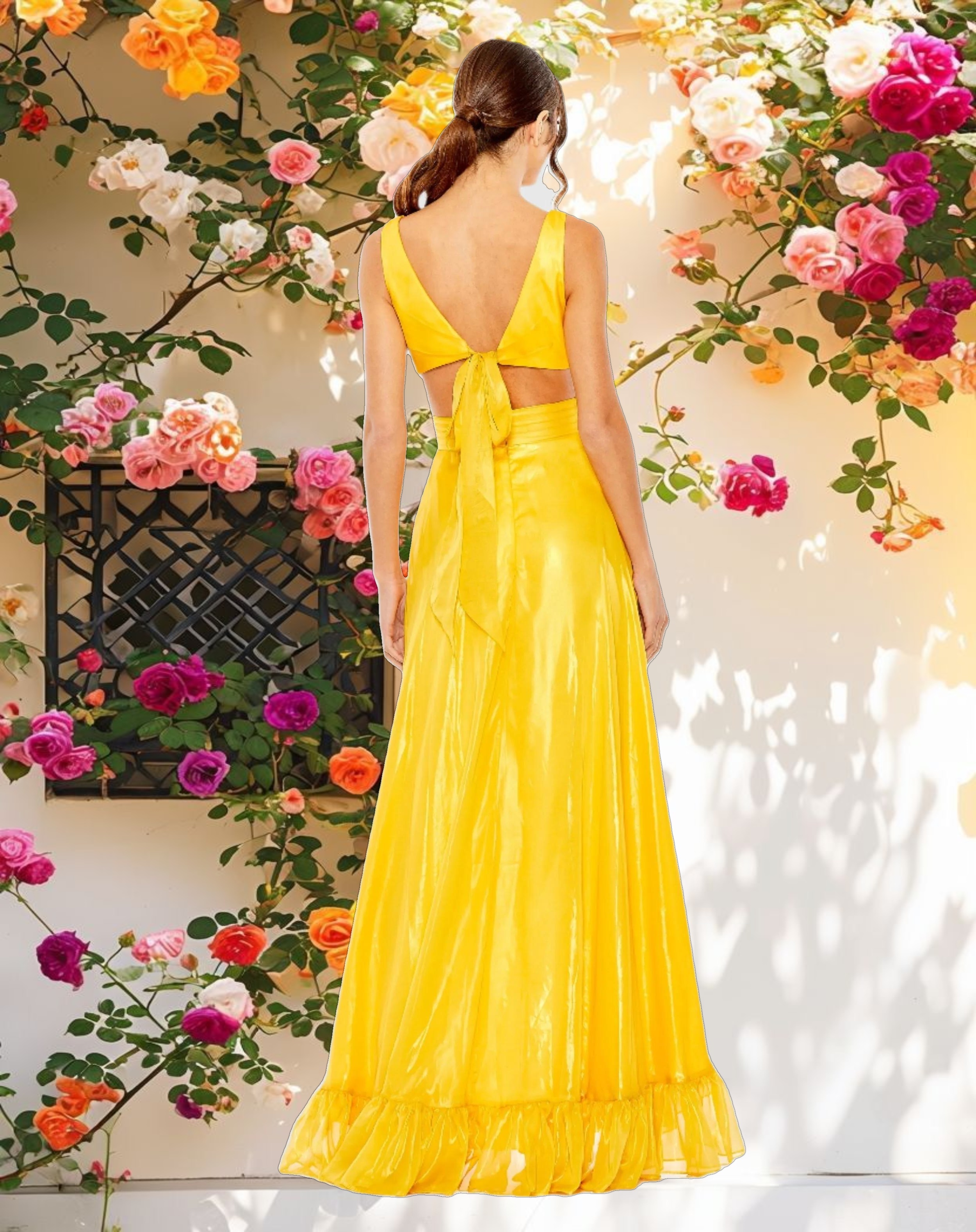 Yellow Cut Out High Low Ruffle Gown