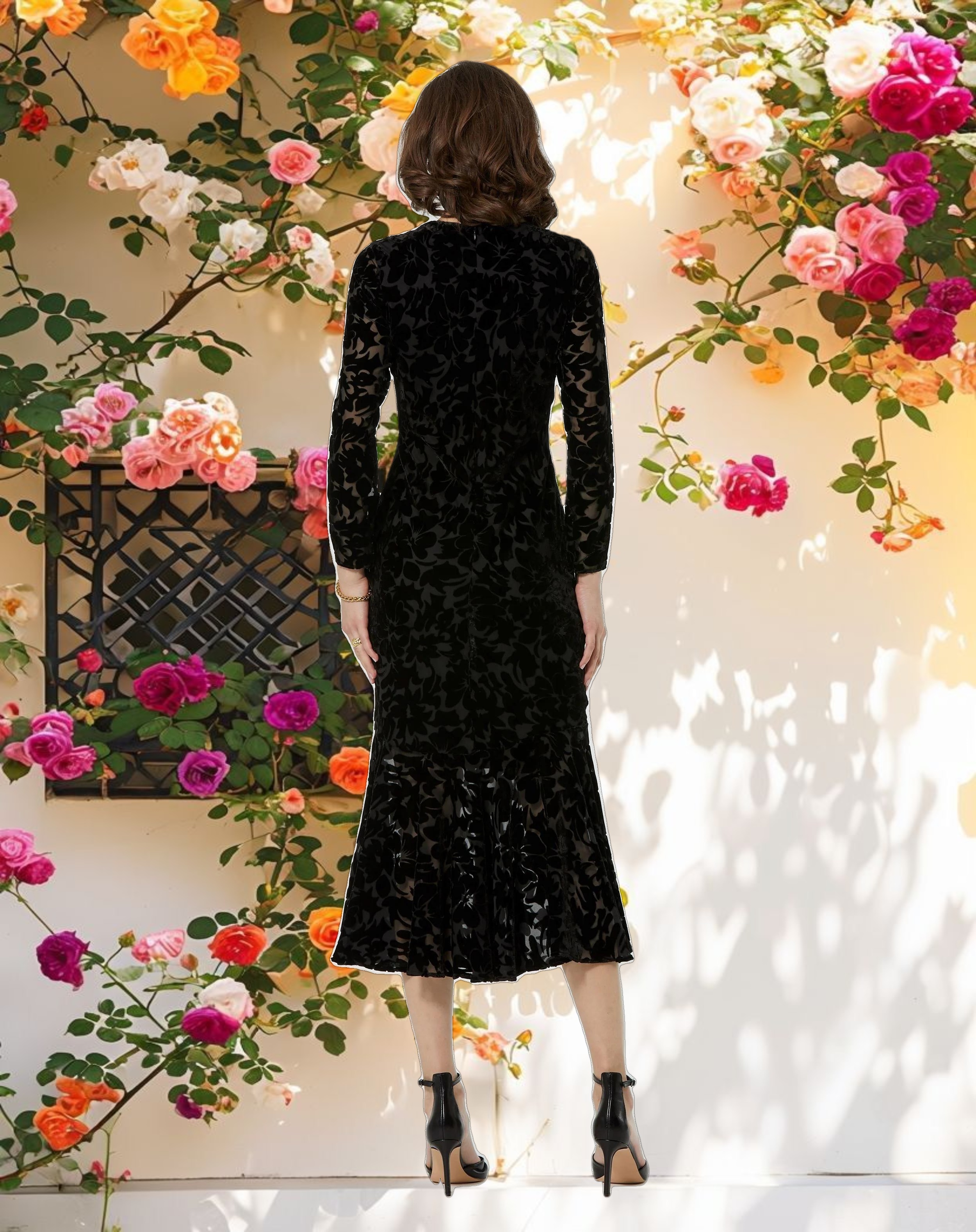 Dark Velvet Long Sleeve Ruffle Hem Midi Dress