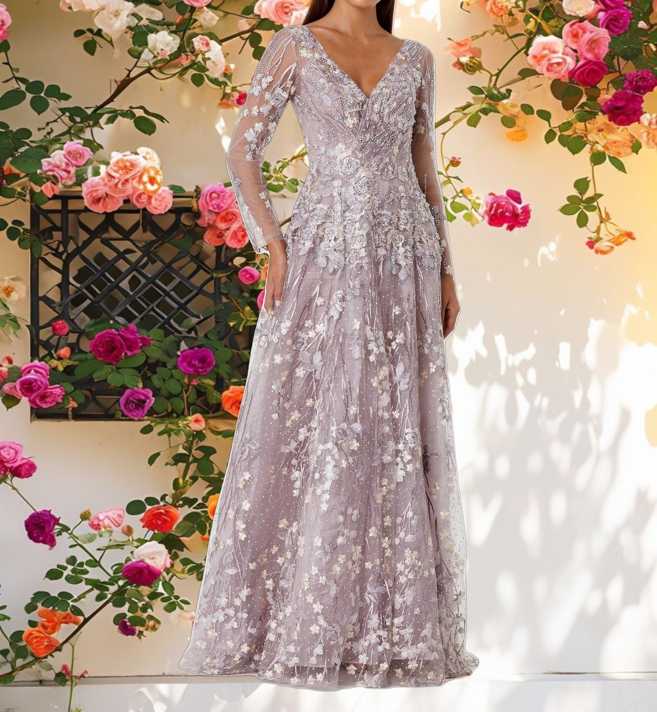 Purple Embroidered Lace Long Sleeve Floral Dress