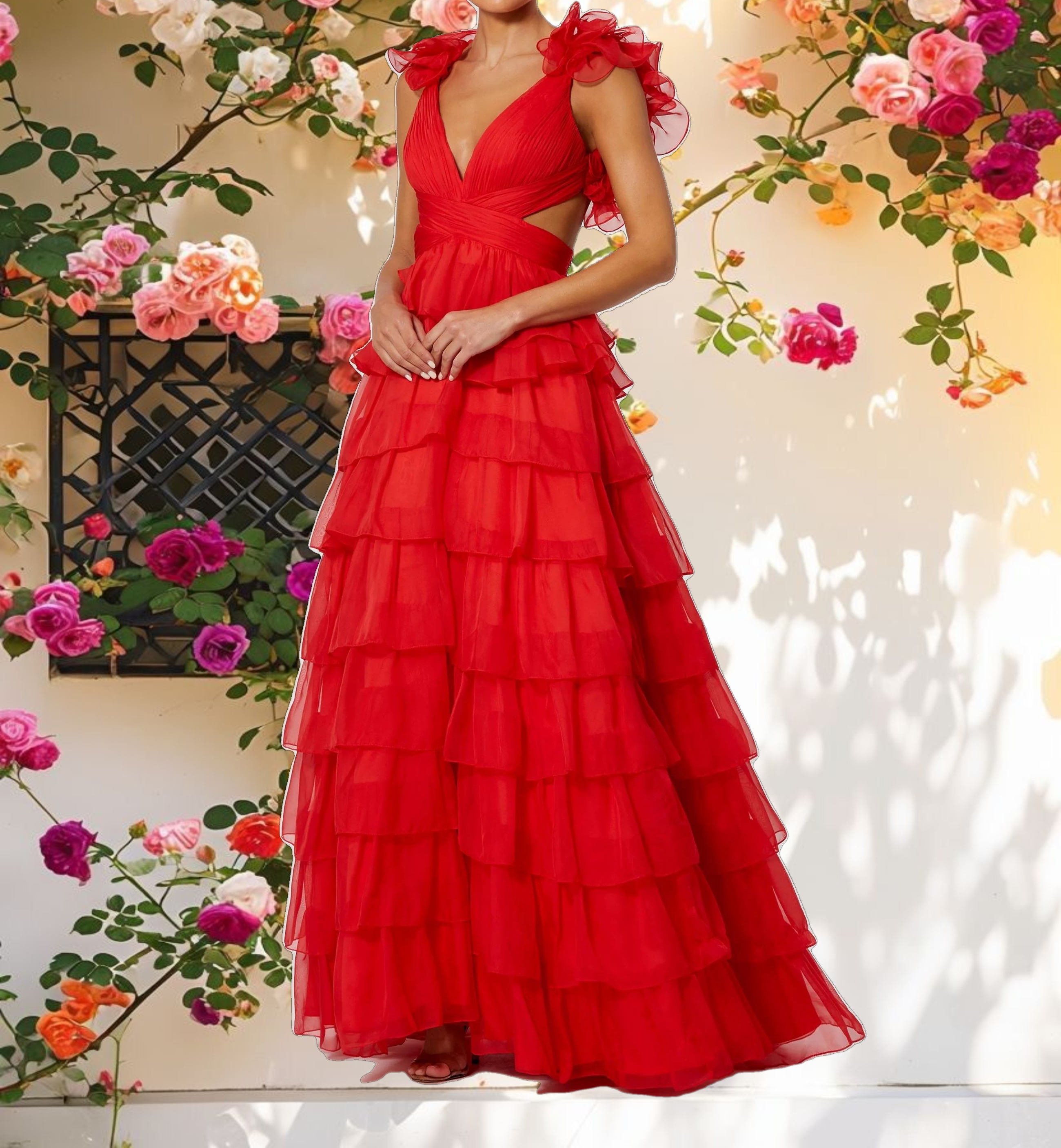 Ruffled Lace Back Gown