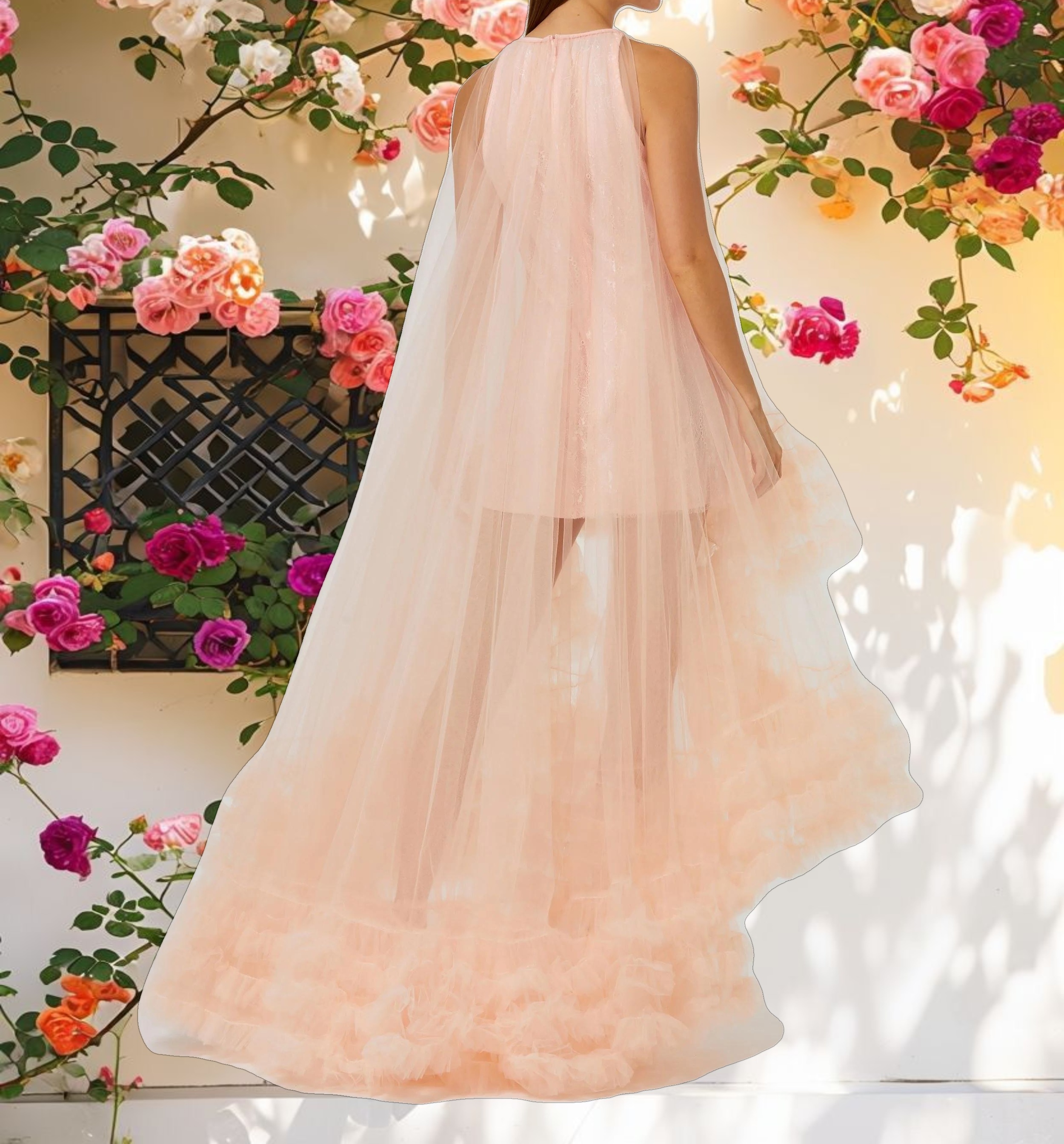 Pink Tulle High Neck Sleeveless Ruffled Hem Gown