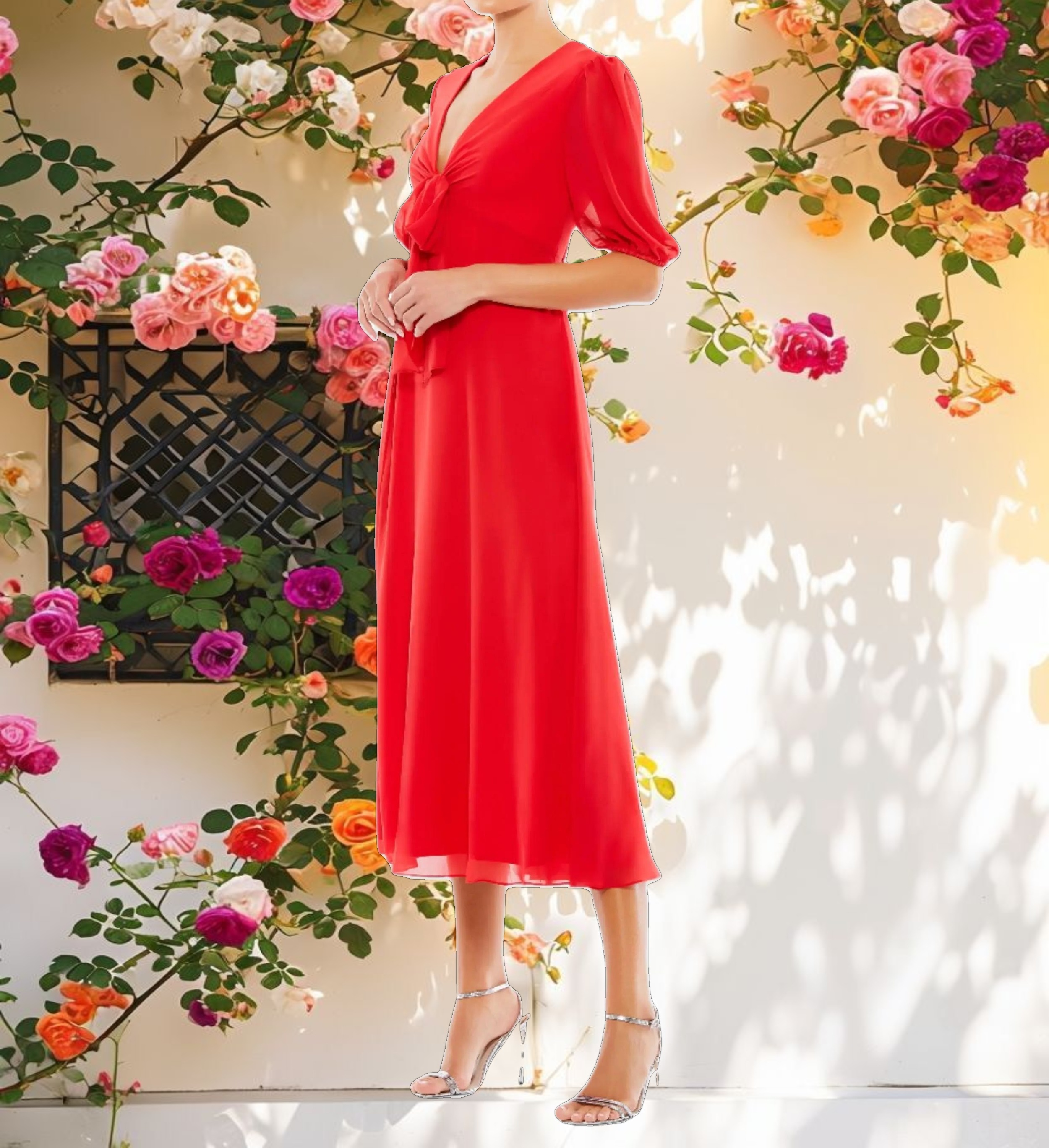 V Neck Bow Detail Flowy Midi Dress