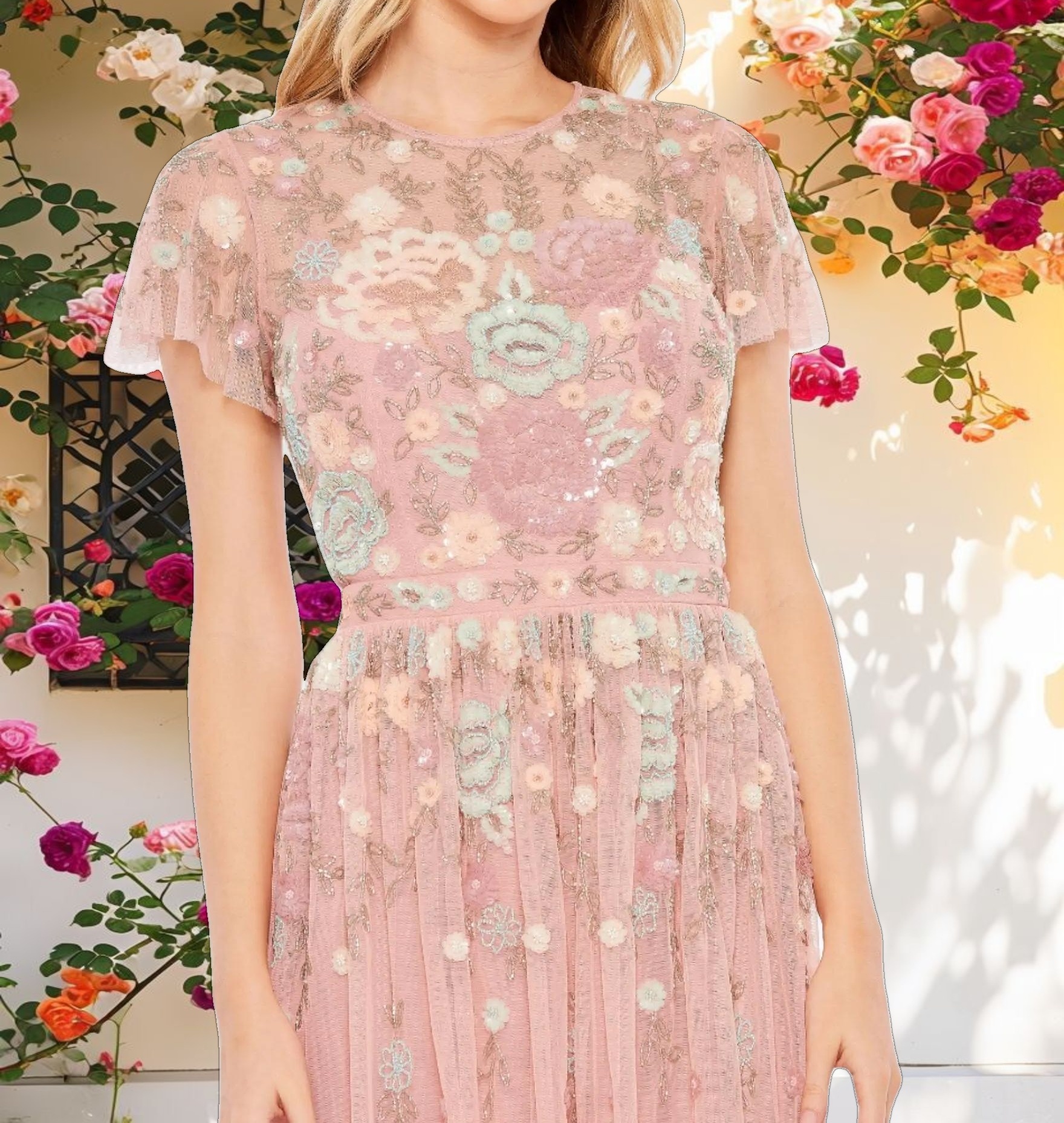 Pink Embellished Illusion High Neck Butterfly Sleeve Midi Dress