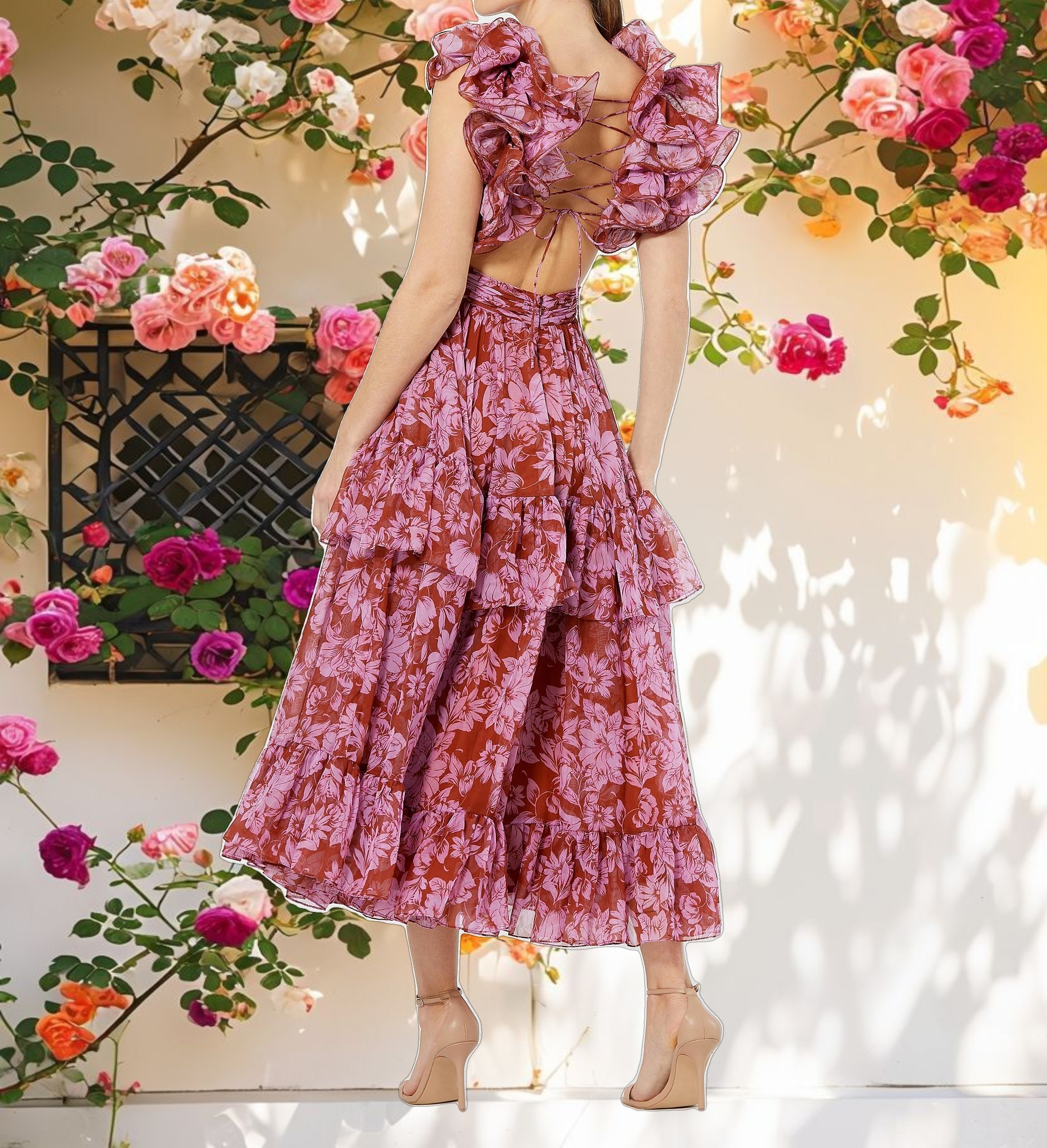 Floral-Printed Chiffon Ruffled Tiered Midi Dress