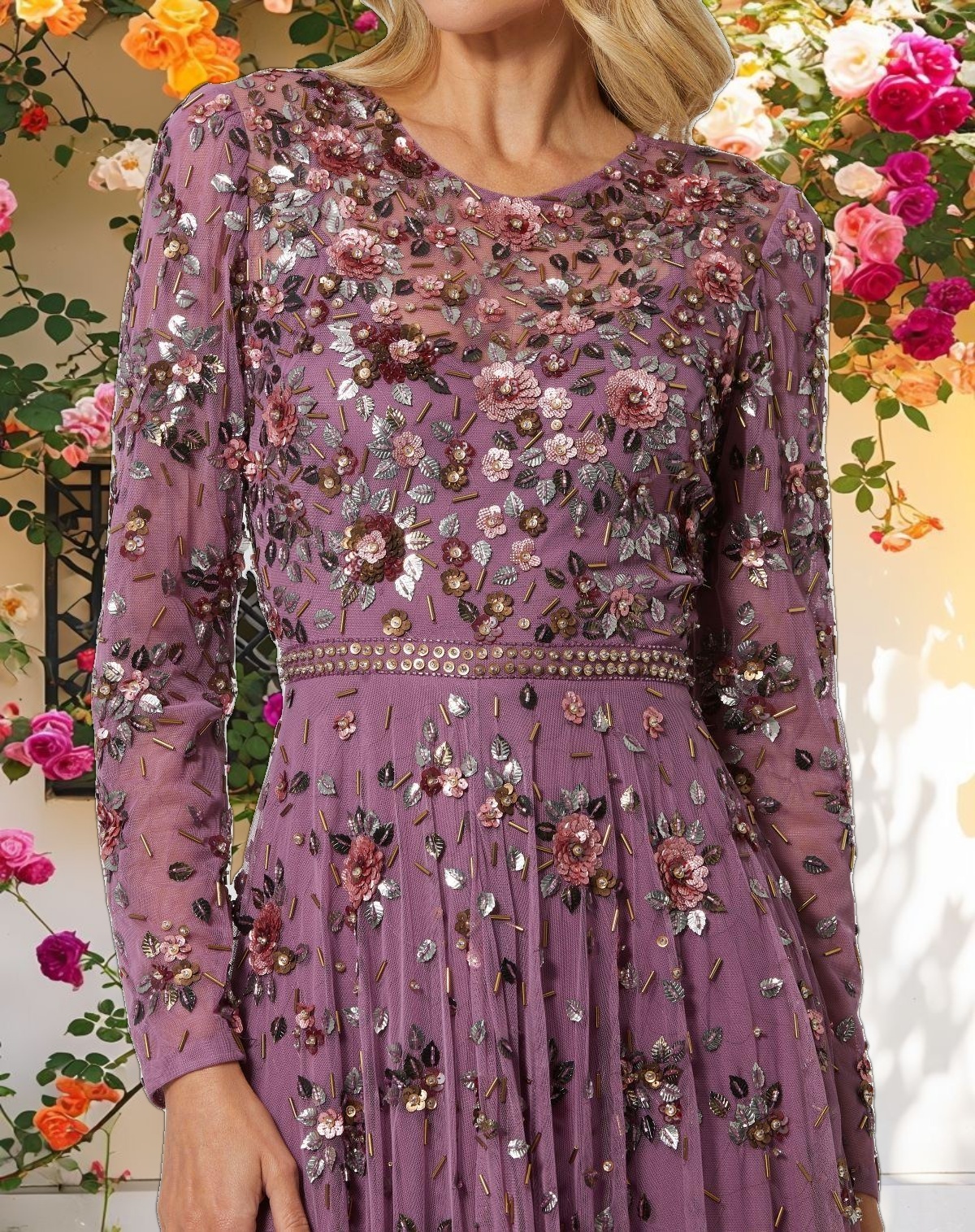 Blue Long Sleeve High Neck Beaded Dress
