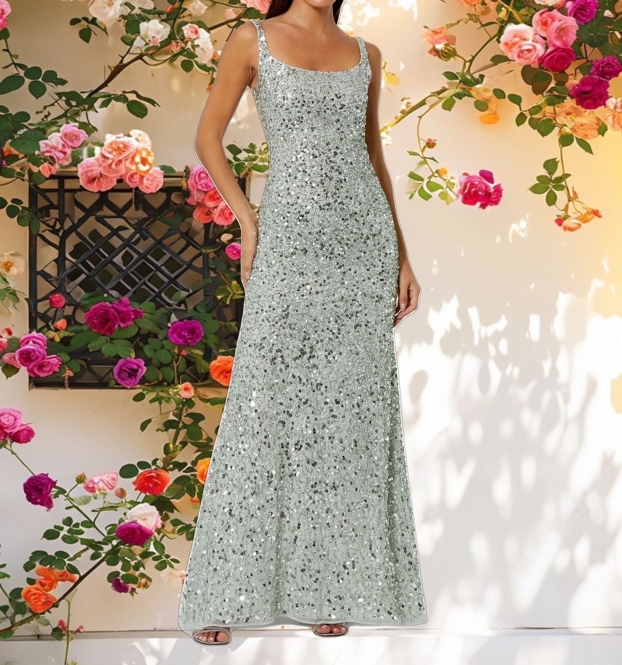 Green Sequined Low Back Slip Gown