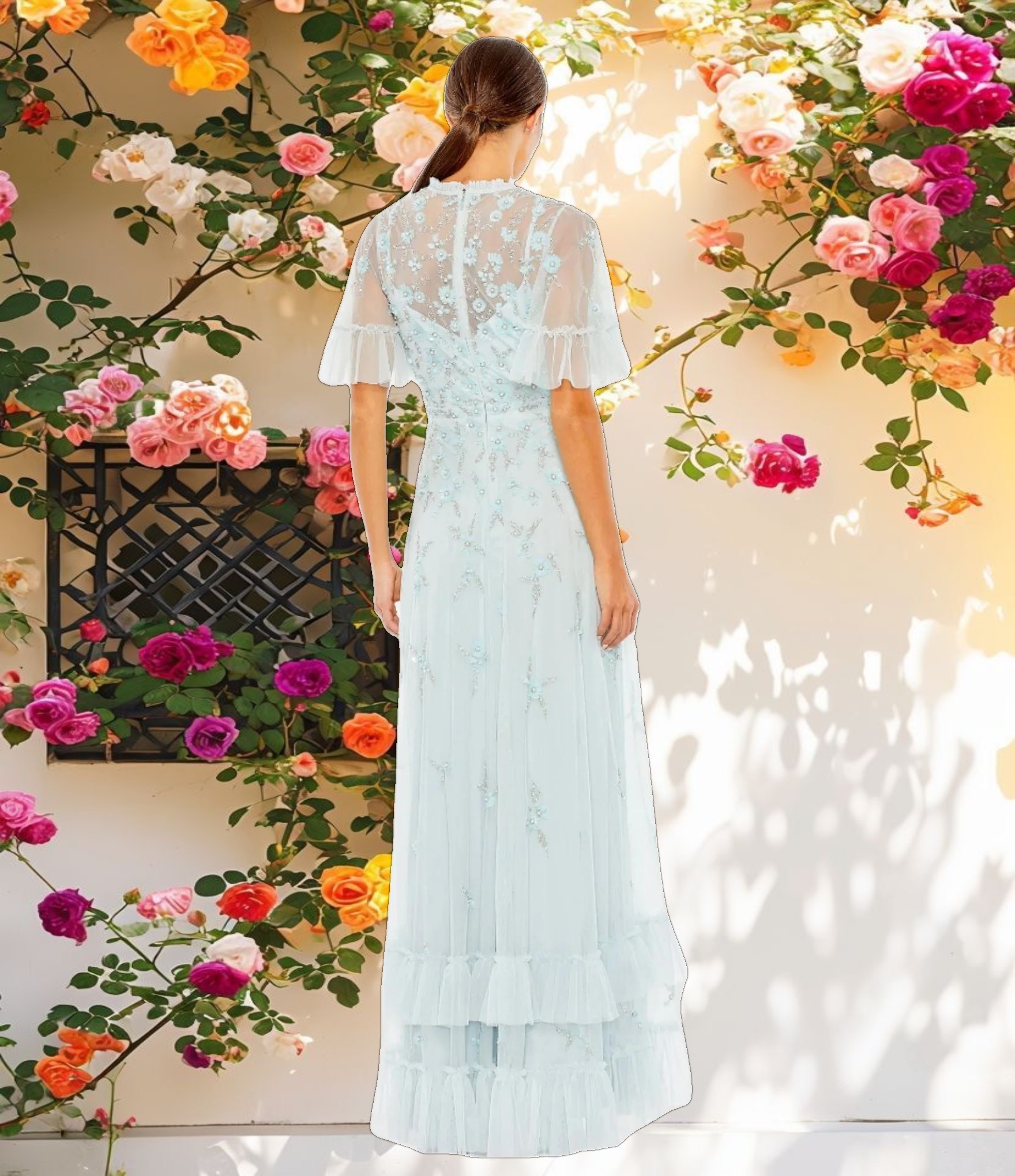 Ruffled Floral Embellished Flutter Sleeve A Line Gown