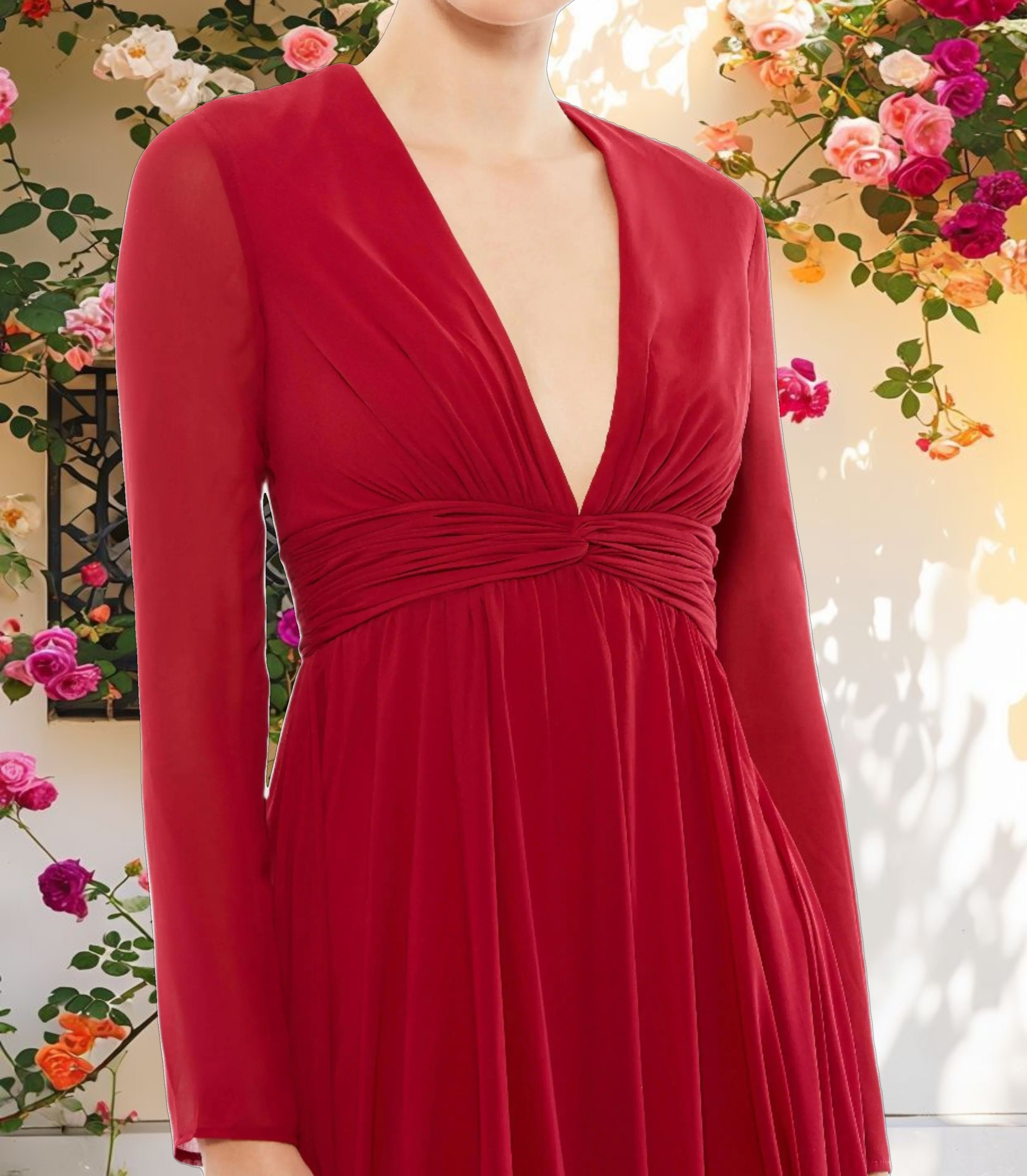 Red V Neck Front Twist Long Sleeve Gown