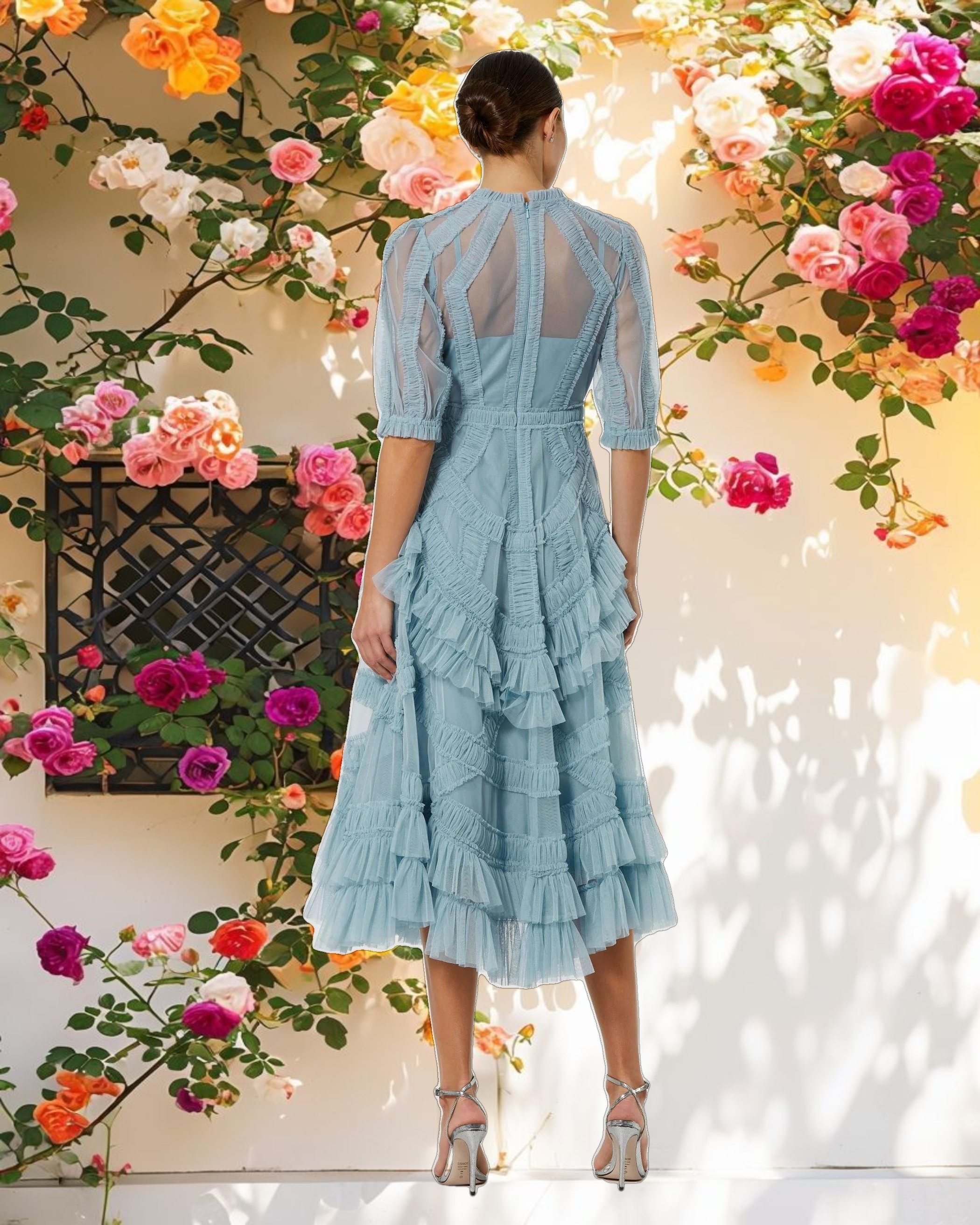 Blue High Neck Micro Ruffle Tiered Midi Dress