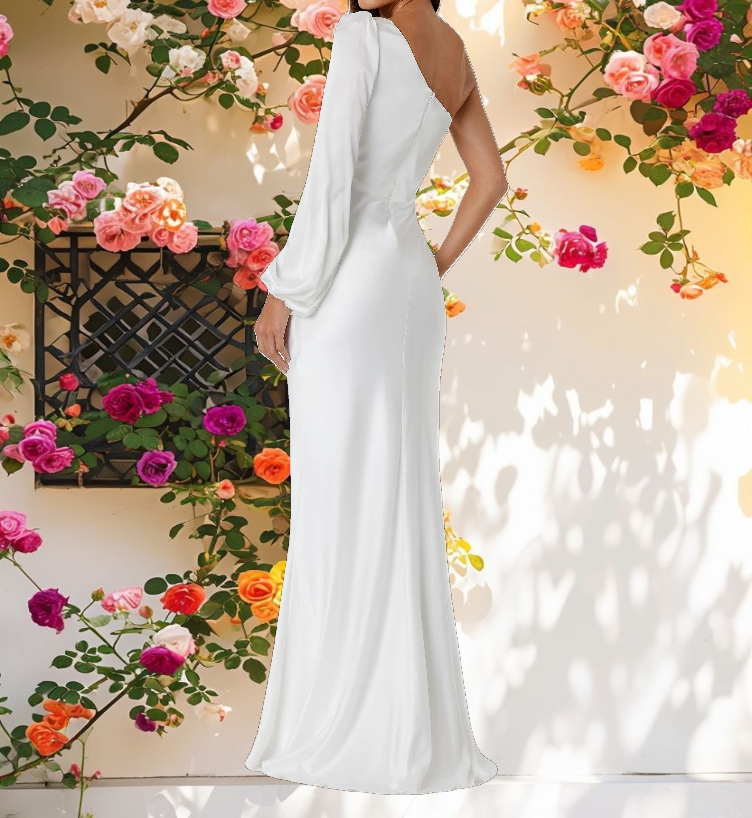 White One Shoulder Blouson Sleeve Gown
