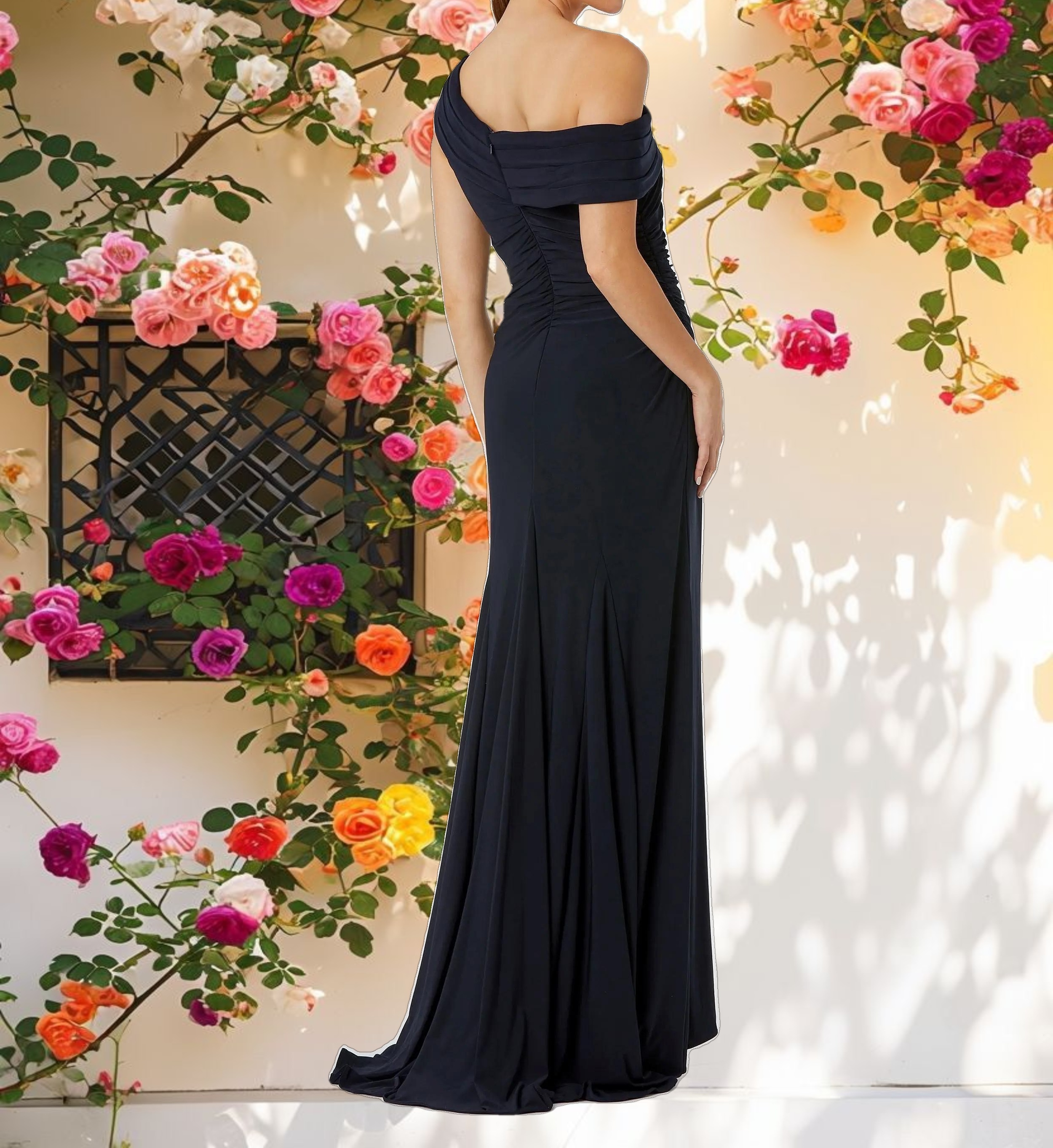 Navy Foldover Off the Shoulder Slit Gown
