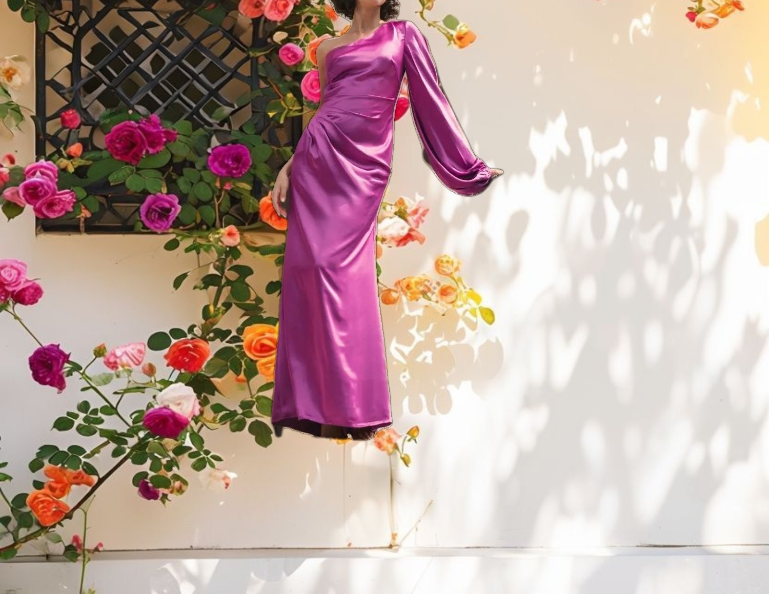 Purple Satin Puff Sleeve Gown