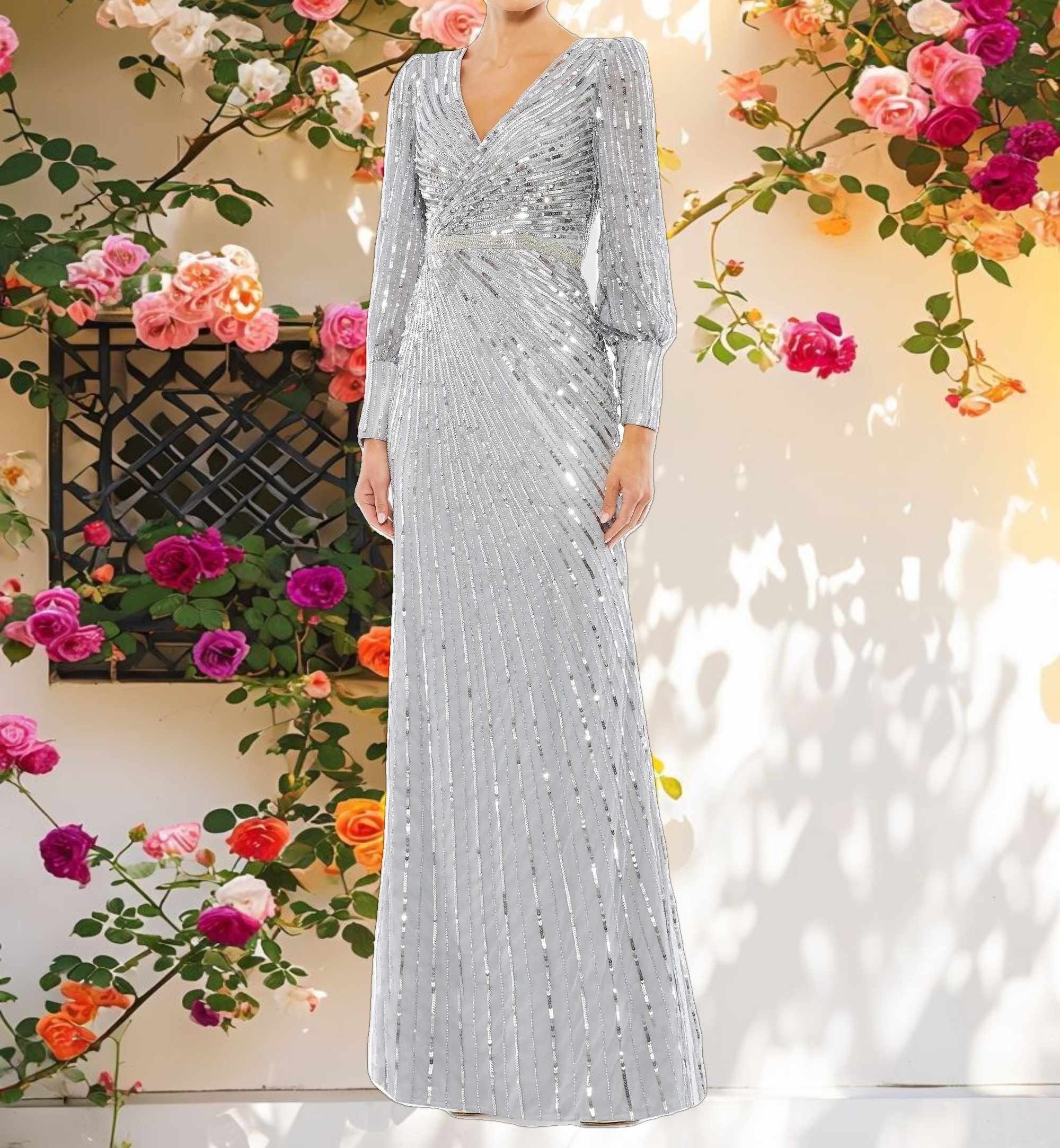 Shiny Fabric Wrap Over Long Sleeve Dress