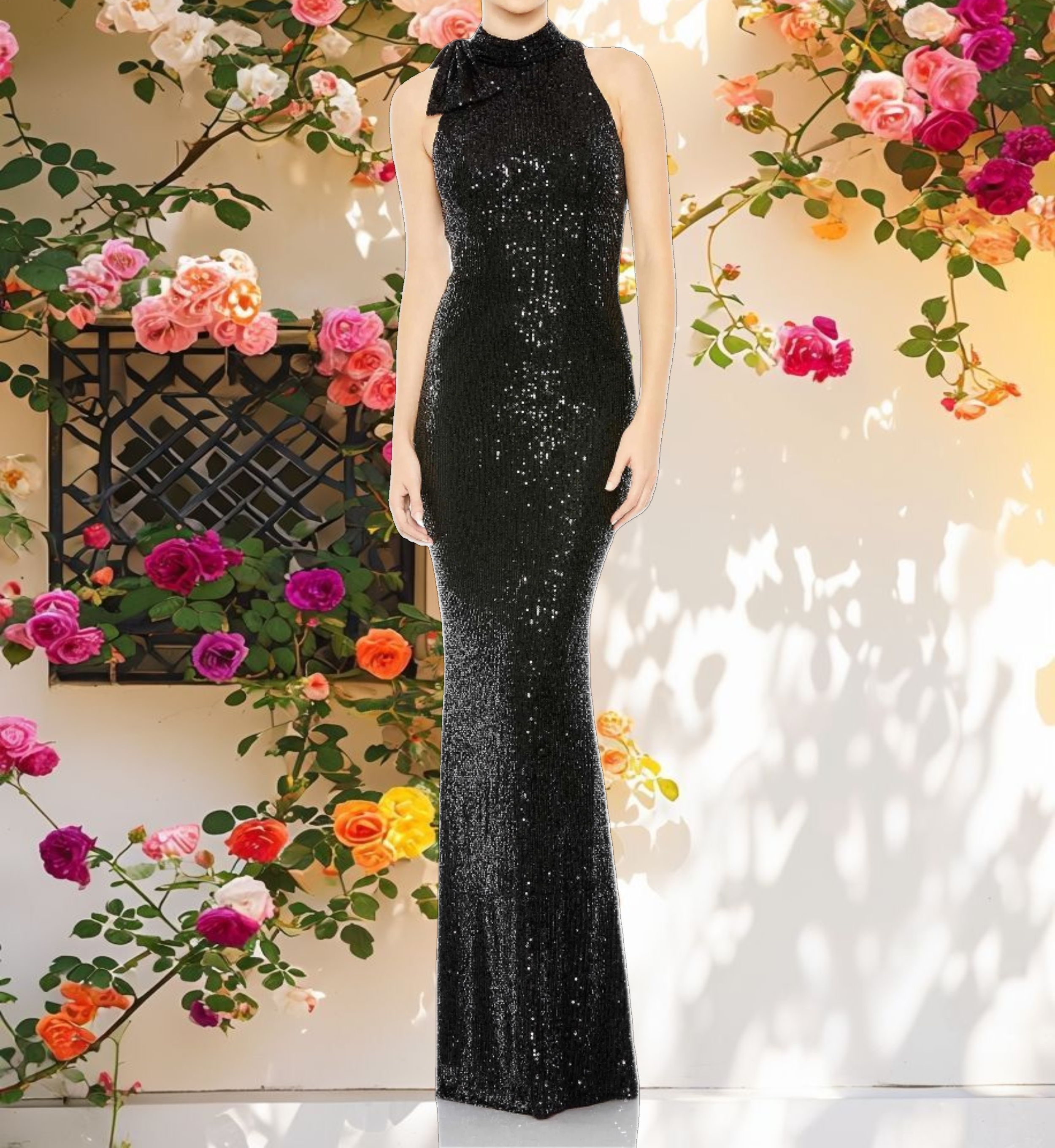 Black Soft Tie Halter Neck Sequin Gown