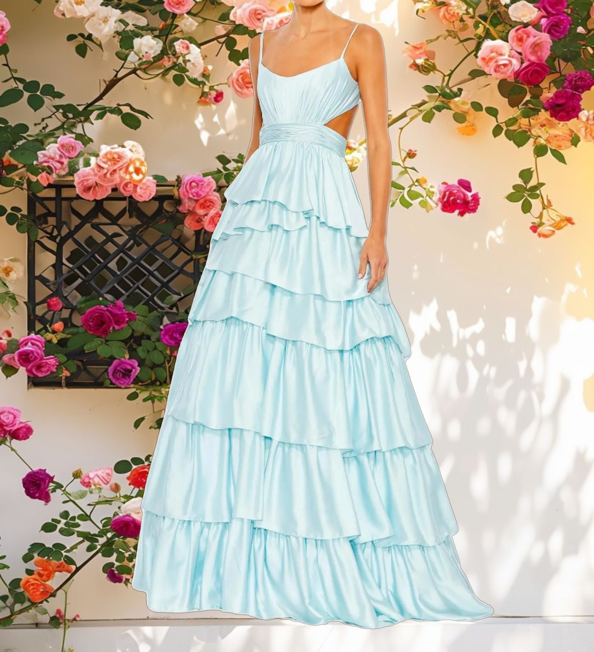 Blue Ruffle Tiered Cut Out Sleeveless Ballgown