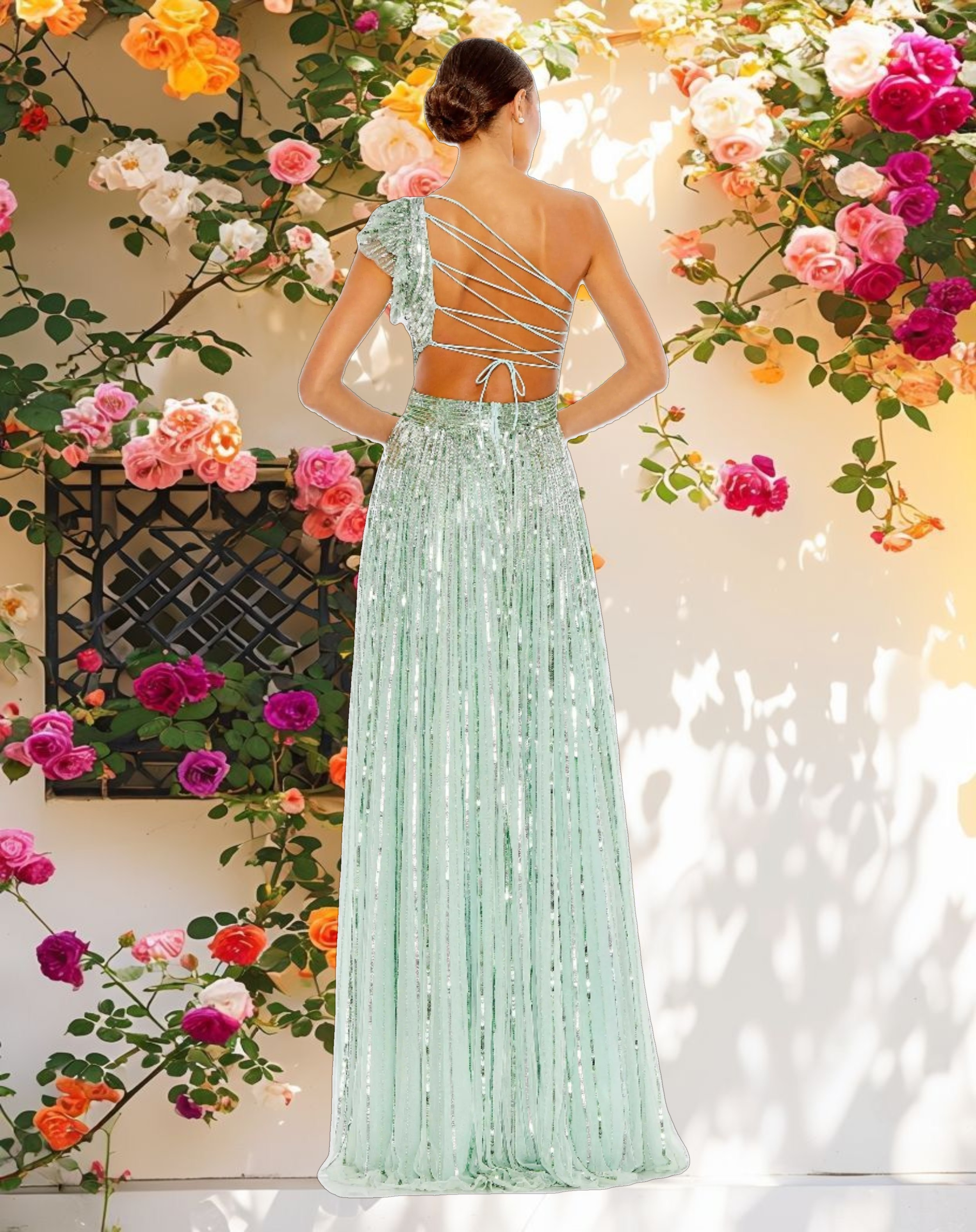 Light Green Sequined One Shoulder Flutter Sleeve A Line Gown