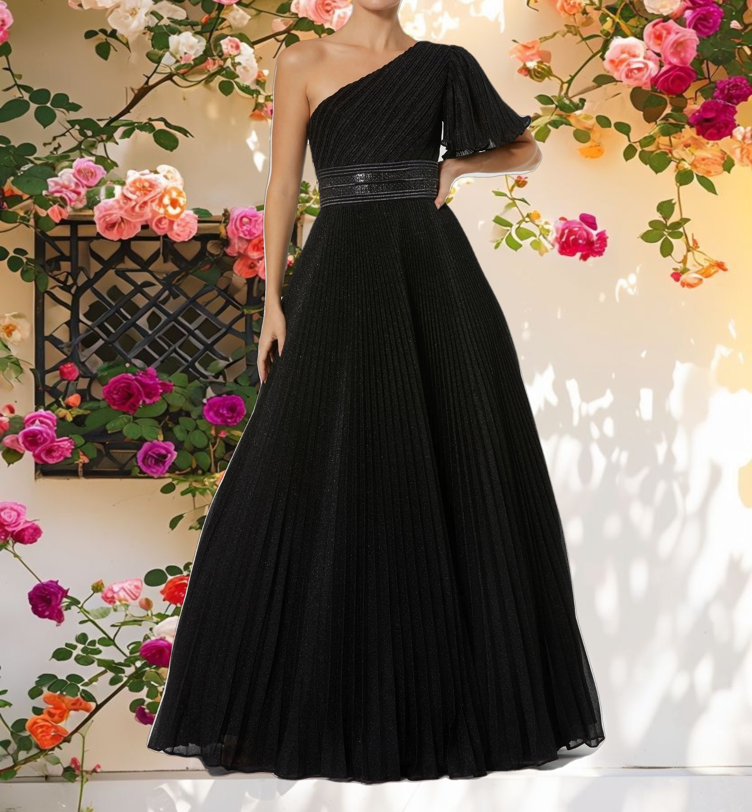 Black Pleated Shimmering Georgette One Shoulder Gown