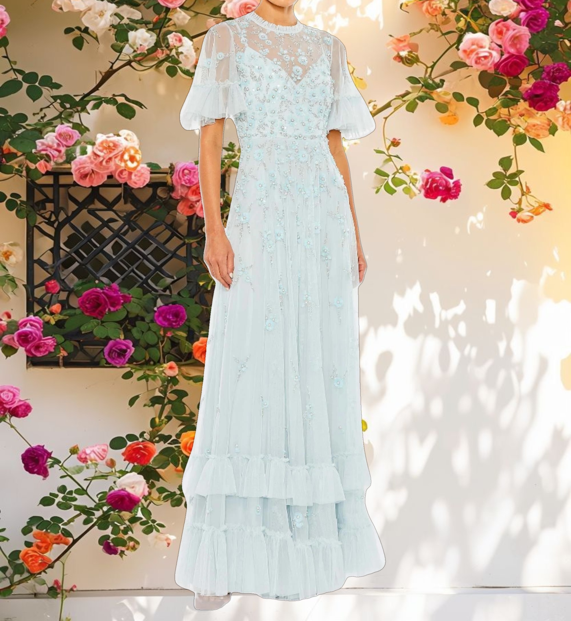 Ruffled Floral Embellished Flutter Sleeve A Line Gown