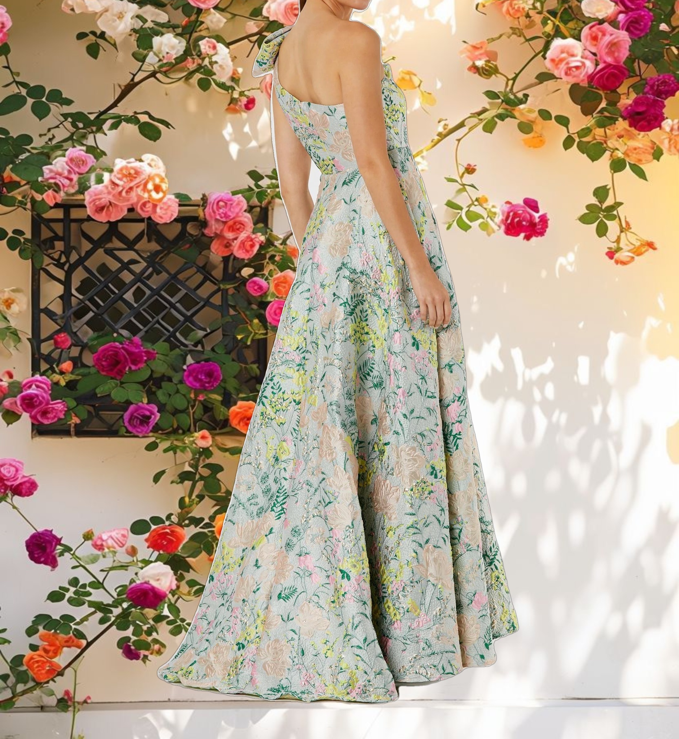 Multi Color One Shoulder Floral Dress With Bow